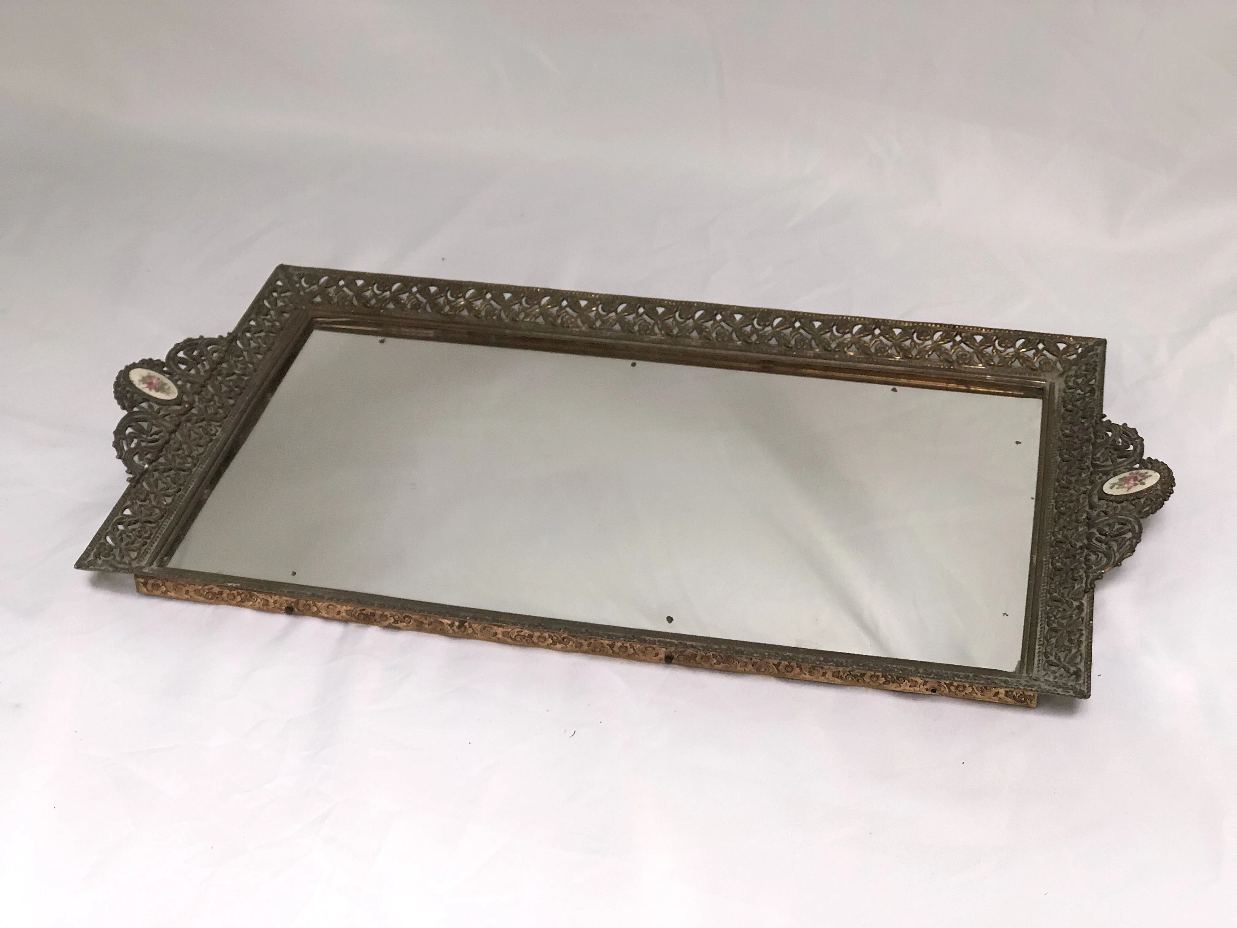 Antique Rectangle Floral Lace Mirror Tray
