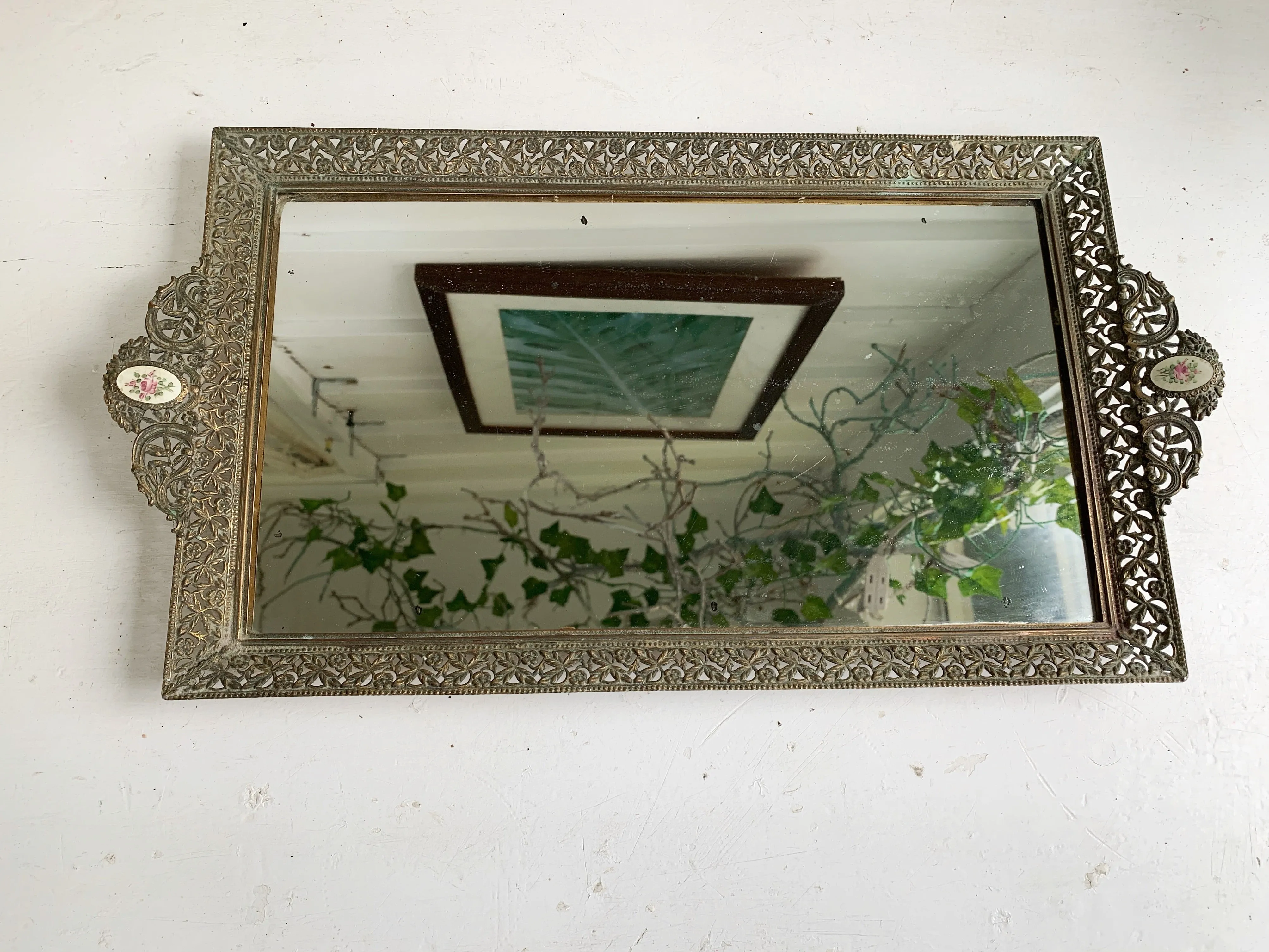 Antique Rectangle Floral Lace Mirror Tray