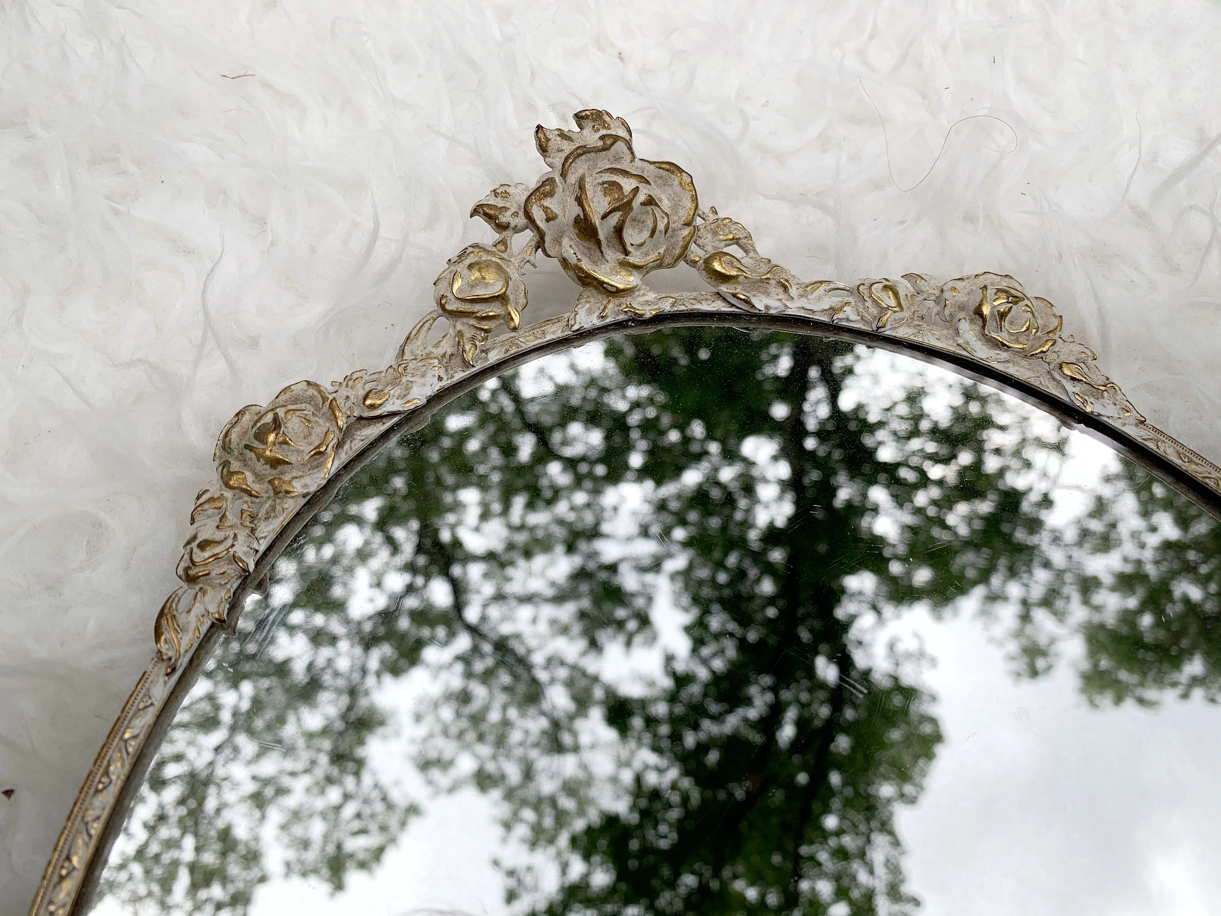 Antique White Gold Floral Rose Vanity Mirror