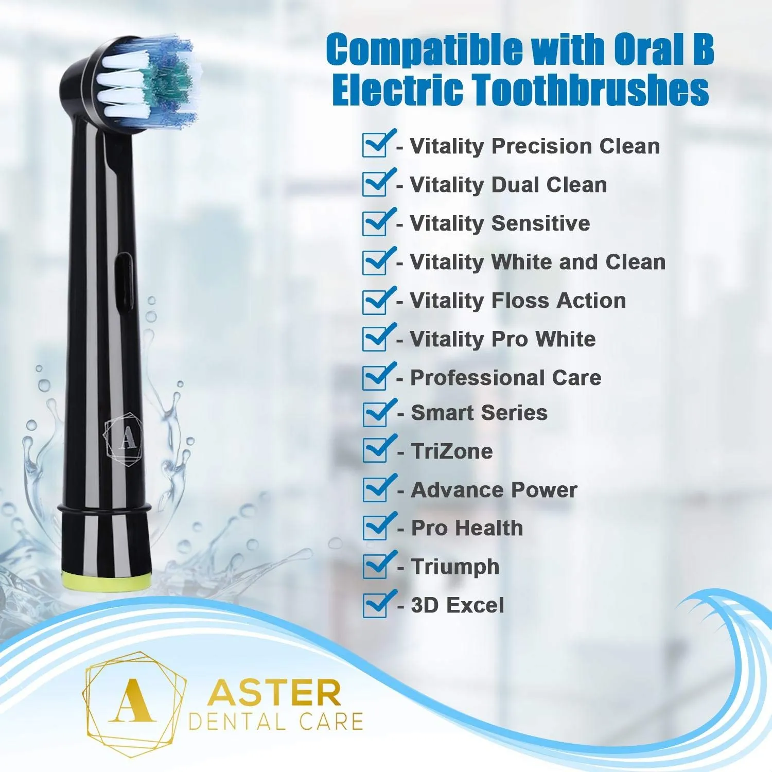 Aster Compatible Oral B Black Toothbrush Heads - Pack of 4 Toothbrush Heads Oral B Compatible - Power Toothbrush Replacement Heads
