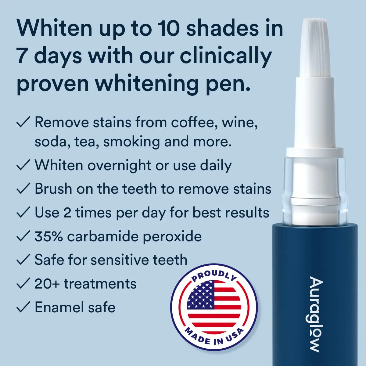 Auraglow Teeth Whitening Pen, Overnight Teeth Whitening Pen, 35% Carbamide Peroxide, 20  Whitening Treatments, No Sensitivity, 2.8mL