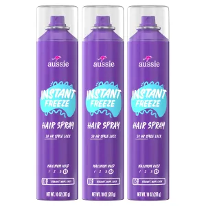 Aussie Instant Freeze Hair Spray for Extreme Hold, Infused with Jojoba Oil & Sea Kelp, Long-Lasting All-Day Hold, Fresh Citrus Scent, Safe for All Hair Types, 10 Fl Oz, 3 Pack