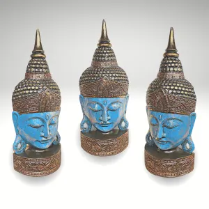 Balinese Enlightened Buddha Wooden Mask Wall freestanding Mask Sculpture Hand Carved Wood Carving  Balinese Folk art  Blue Boho Decor 24&quot;