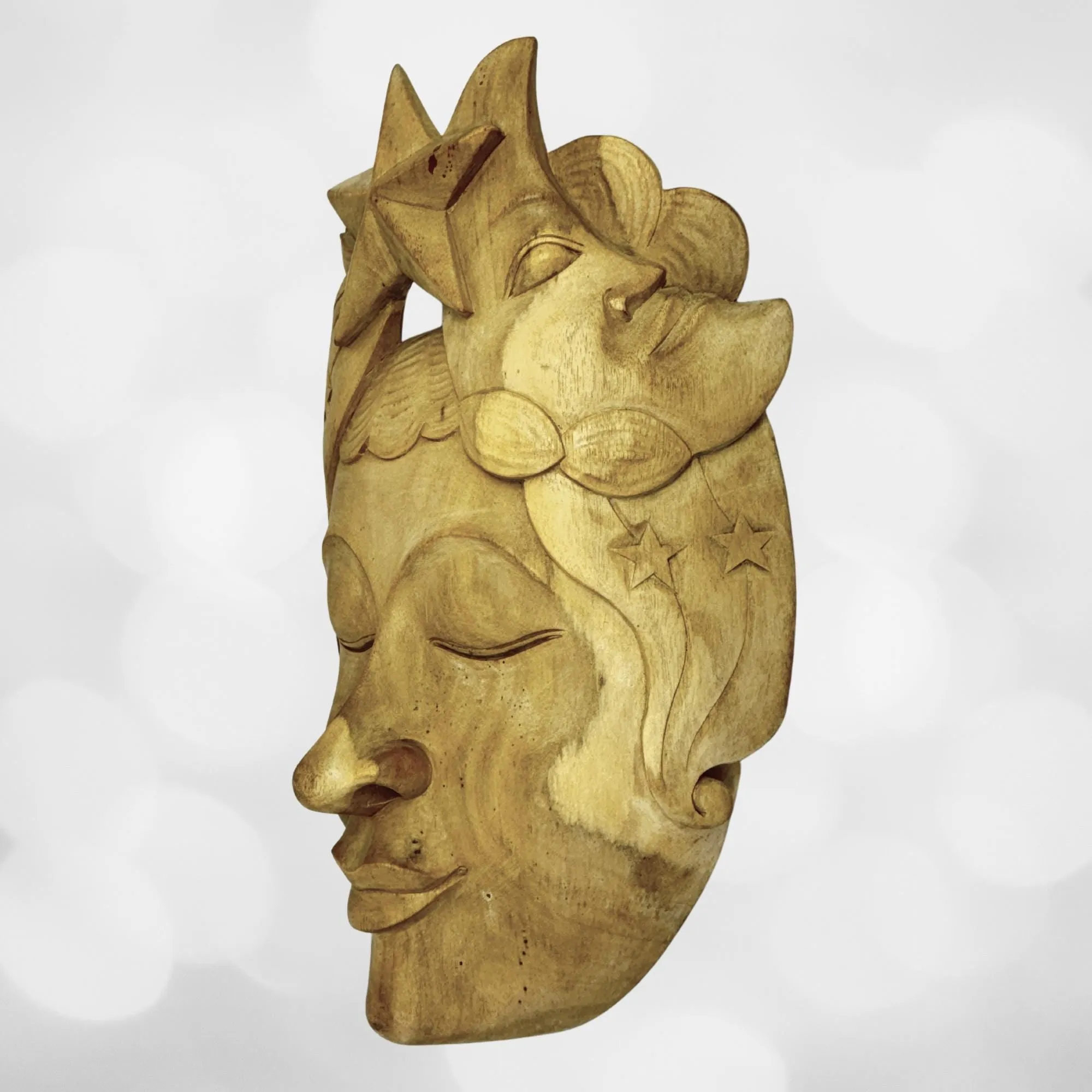 Balinese Mask Star Girl Goddess Moon Stars Hand Carved Wood Carving Bali folk art wall decor