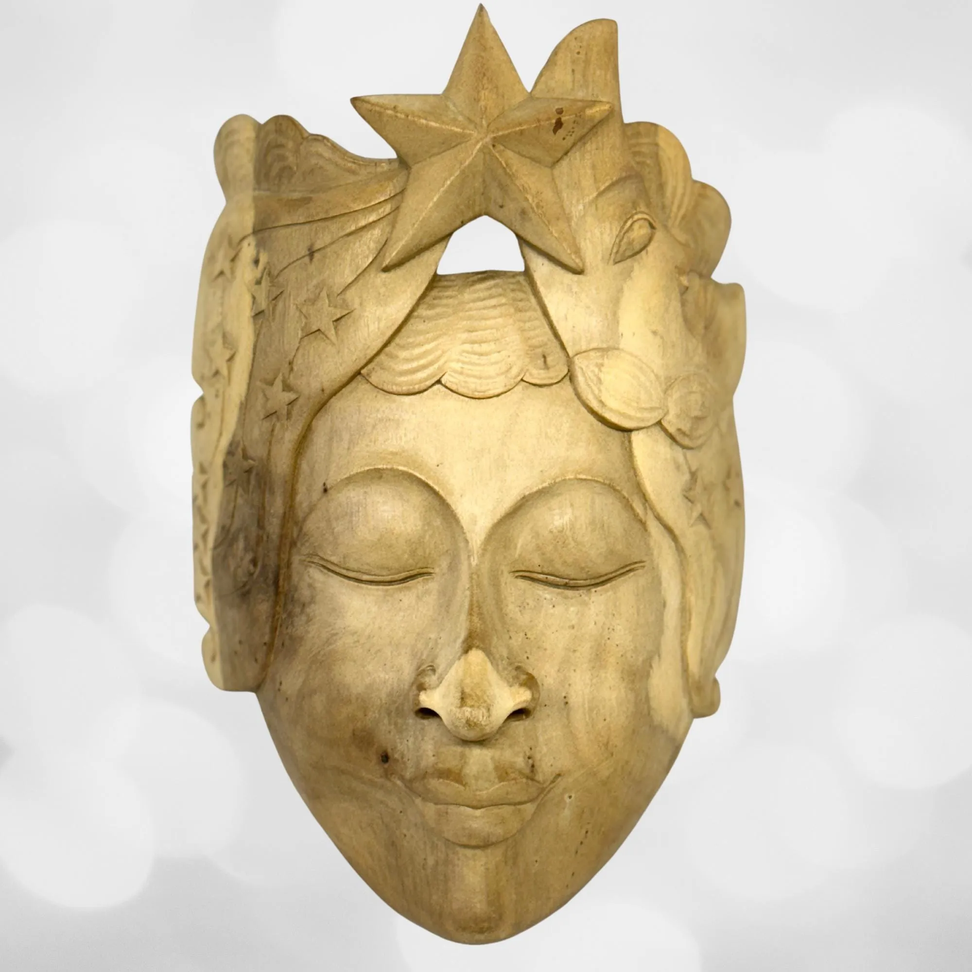 Balinese Mask Star Girl Goddess Moon Stars Hand Carved Wood Carving Bali folk art wall decor