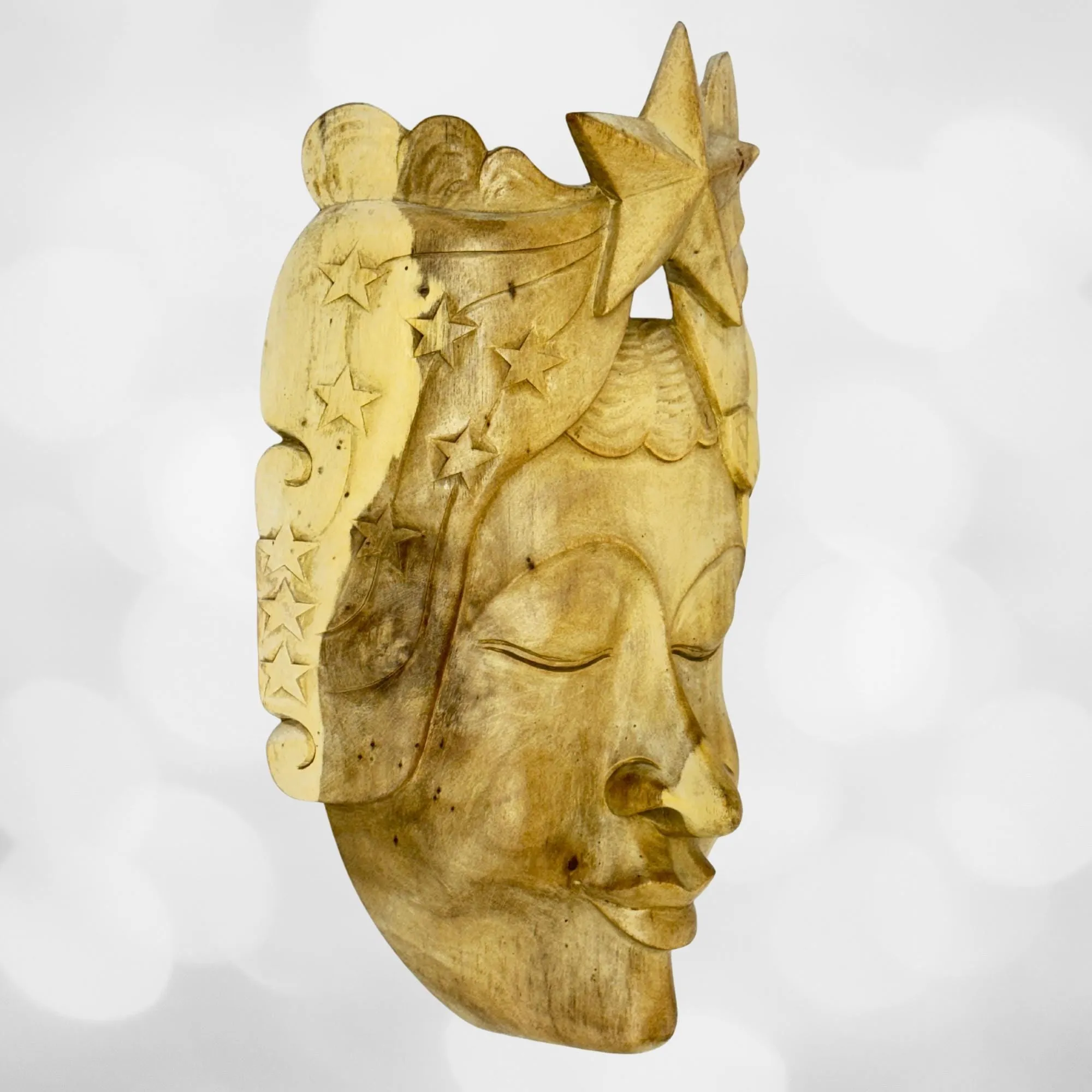 Balinese Mask Star Girl Goddess Moon Stars Hand Carved Wood Carving Bali folk art wall decor