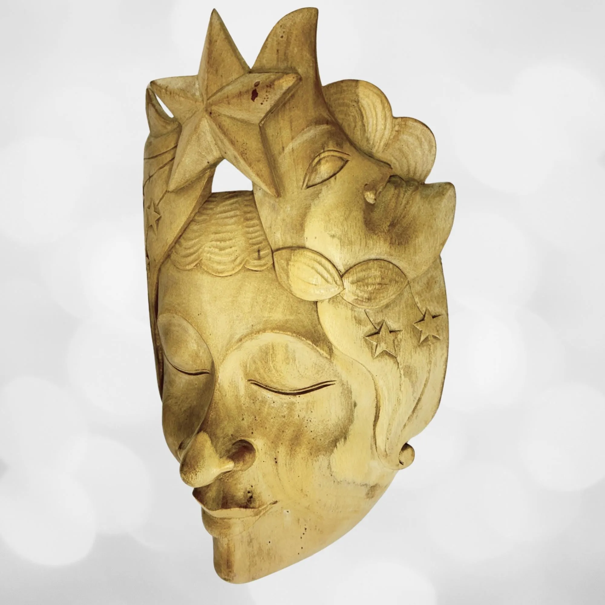Balinese Mask Star Girl Goddess Moon Stars Hand Carved Wood Carving Bali folk art wall decor