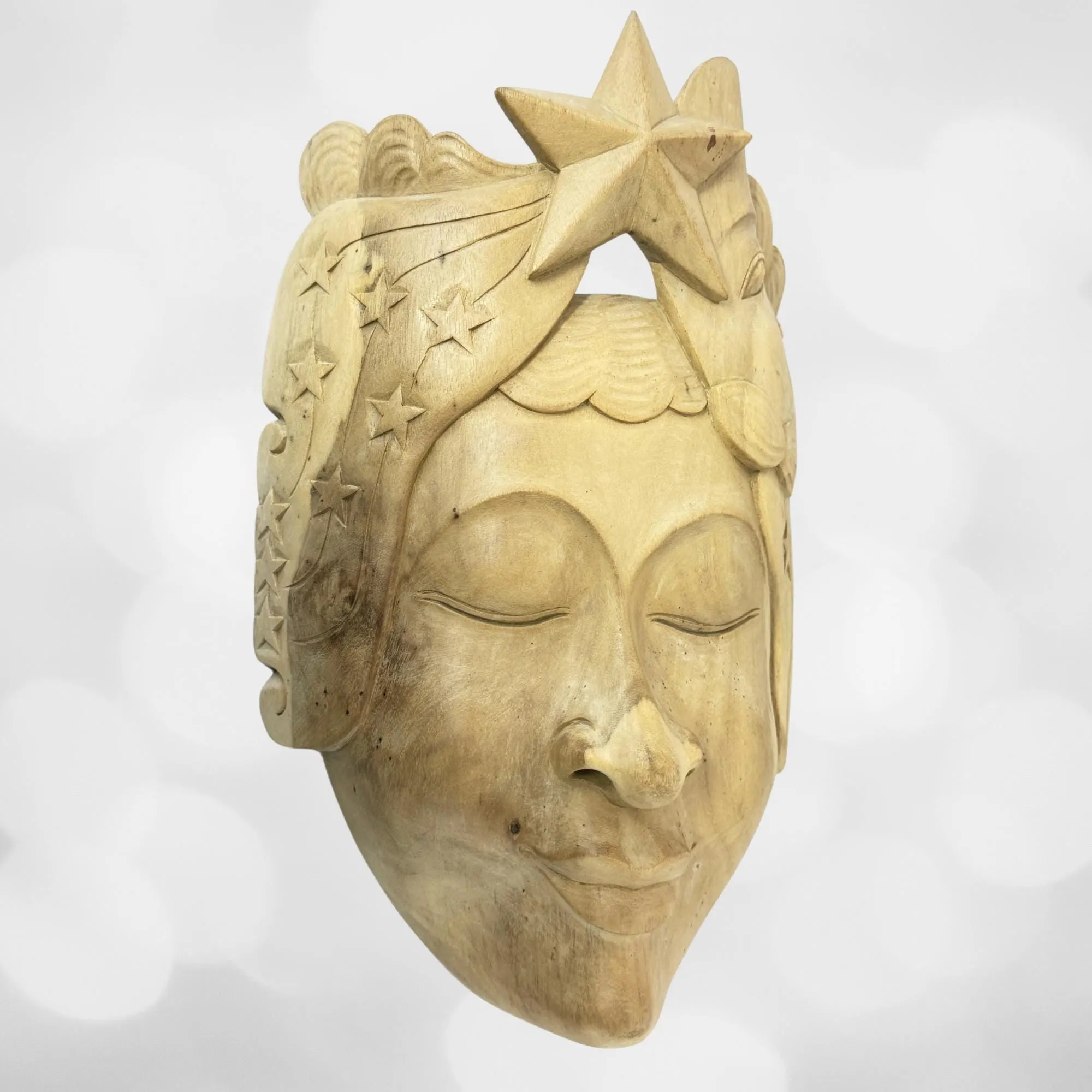 Balinese Mask Star Girl Goddess Moon Stars Hand Carved Wood Carving Bali folk art wall decor