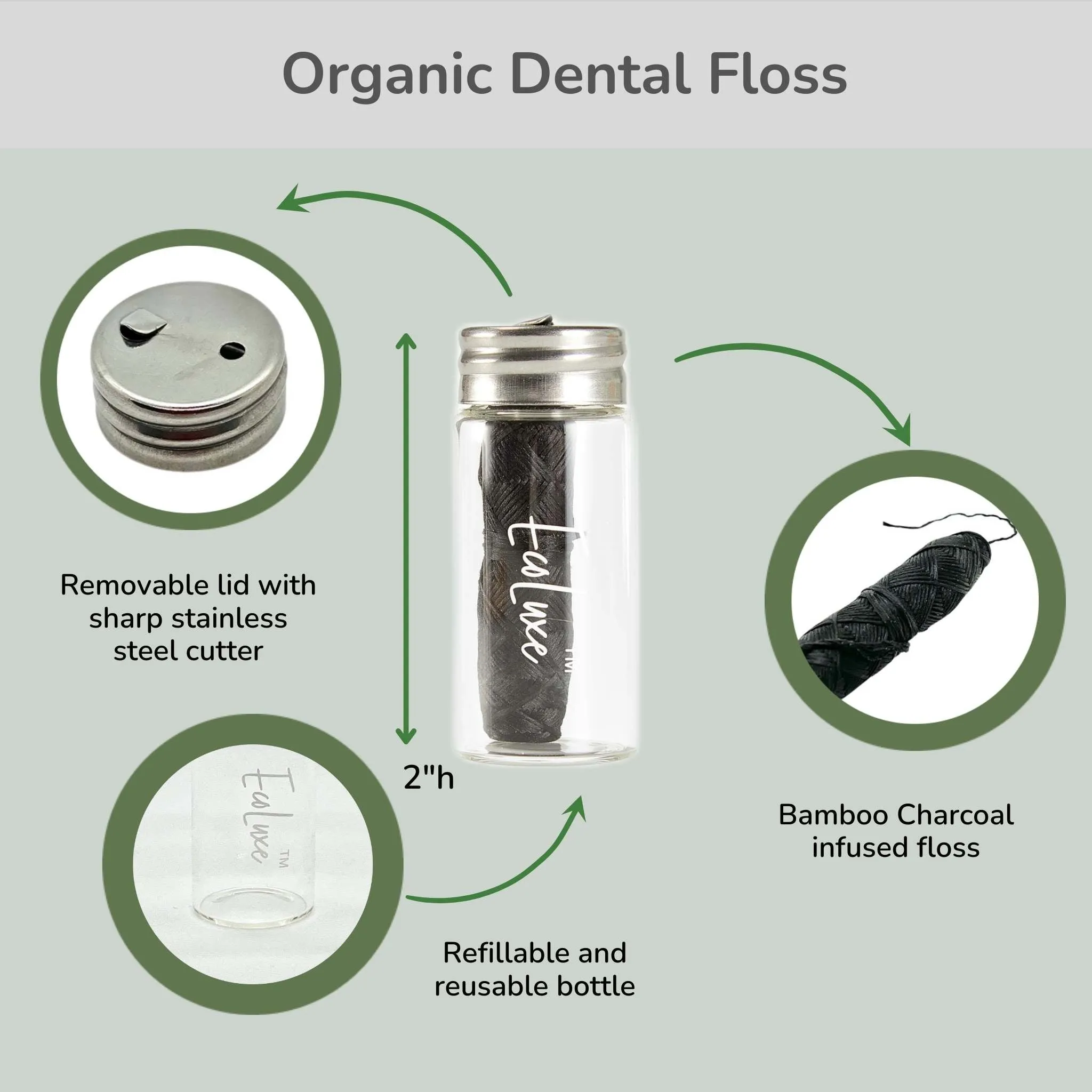 Bamboo Charcoal Infused Mint Flavored Dental Floss in Reusable Bottle