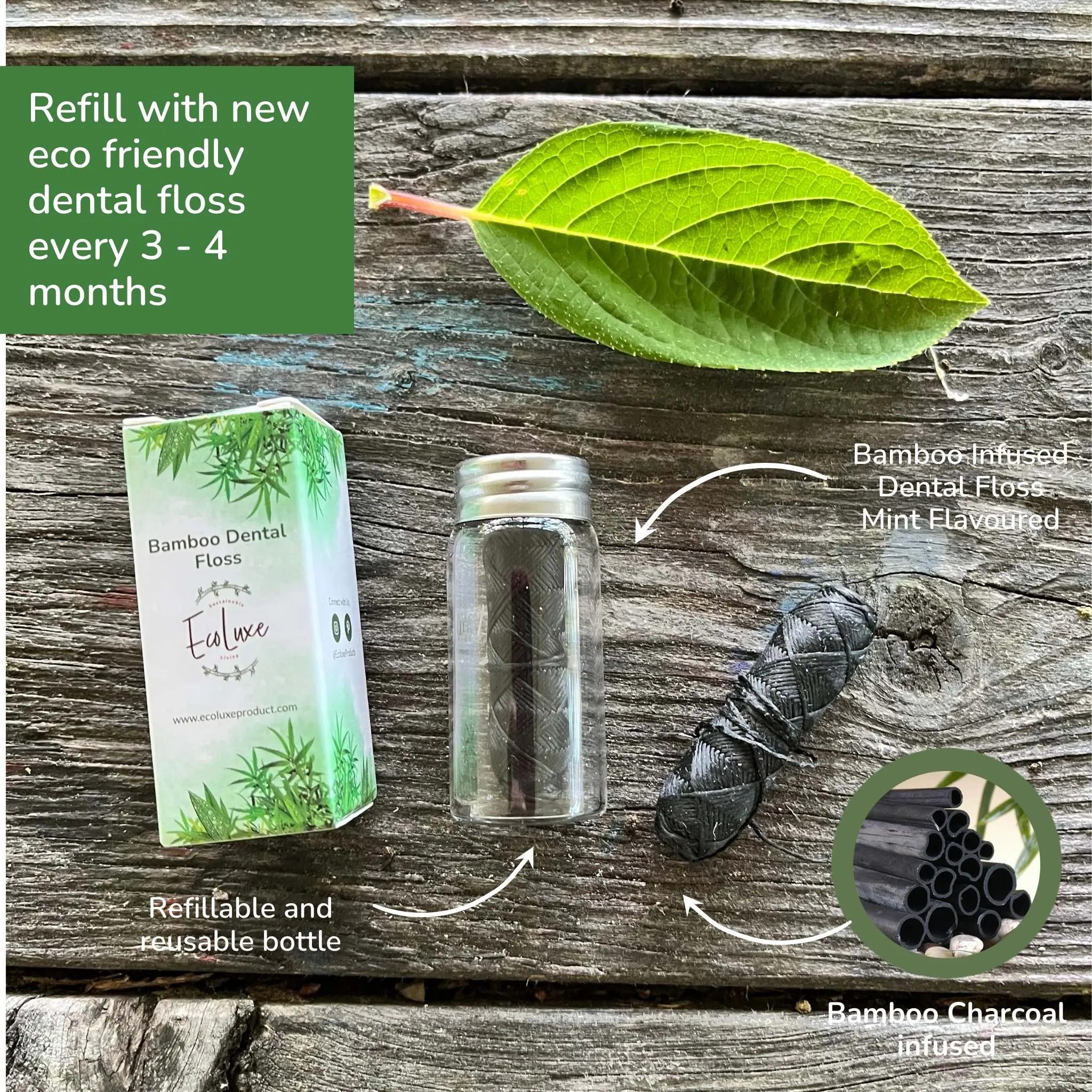 Bamboo Charcoal Infused Mint Flavored Dental Floss in Reusable Bottle
