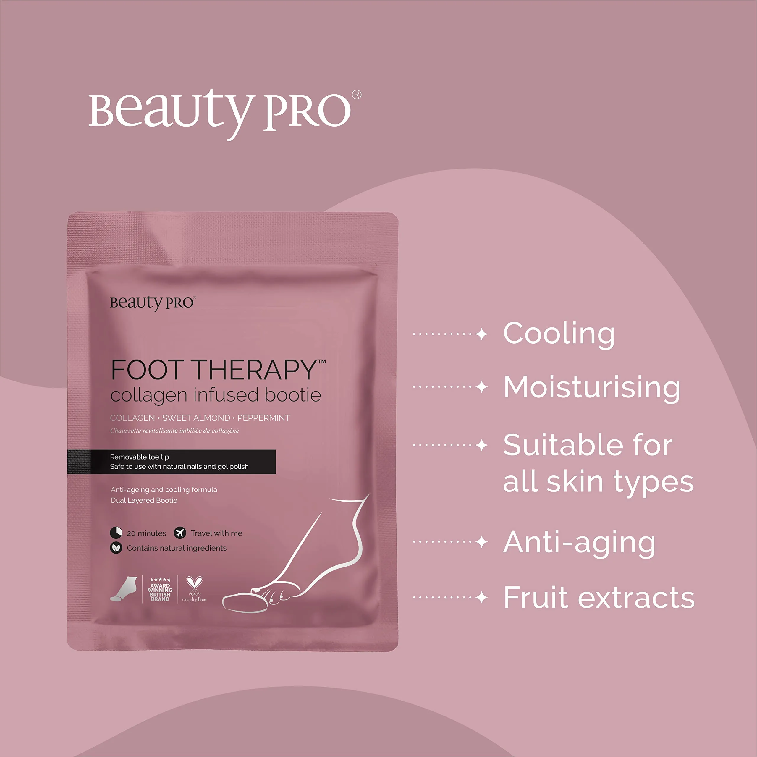 BeautyPro FOOT THERAPY Foot Mask with Collagen, Salicylic Acid (BHA Complex), & Argan Oil | Packed Full of Natural Ingredients | Intensely Moisturising | Bootie with Removable Toe Tip |