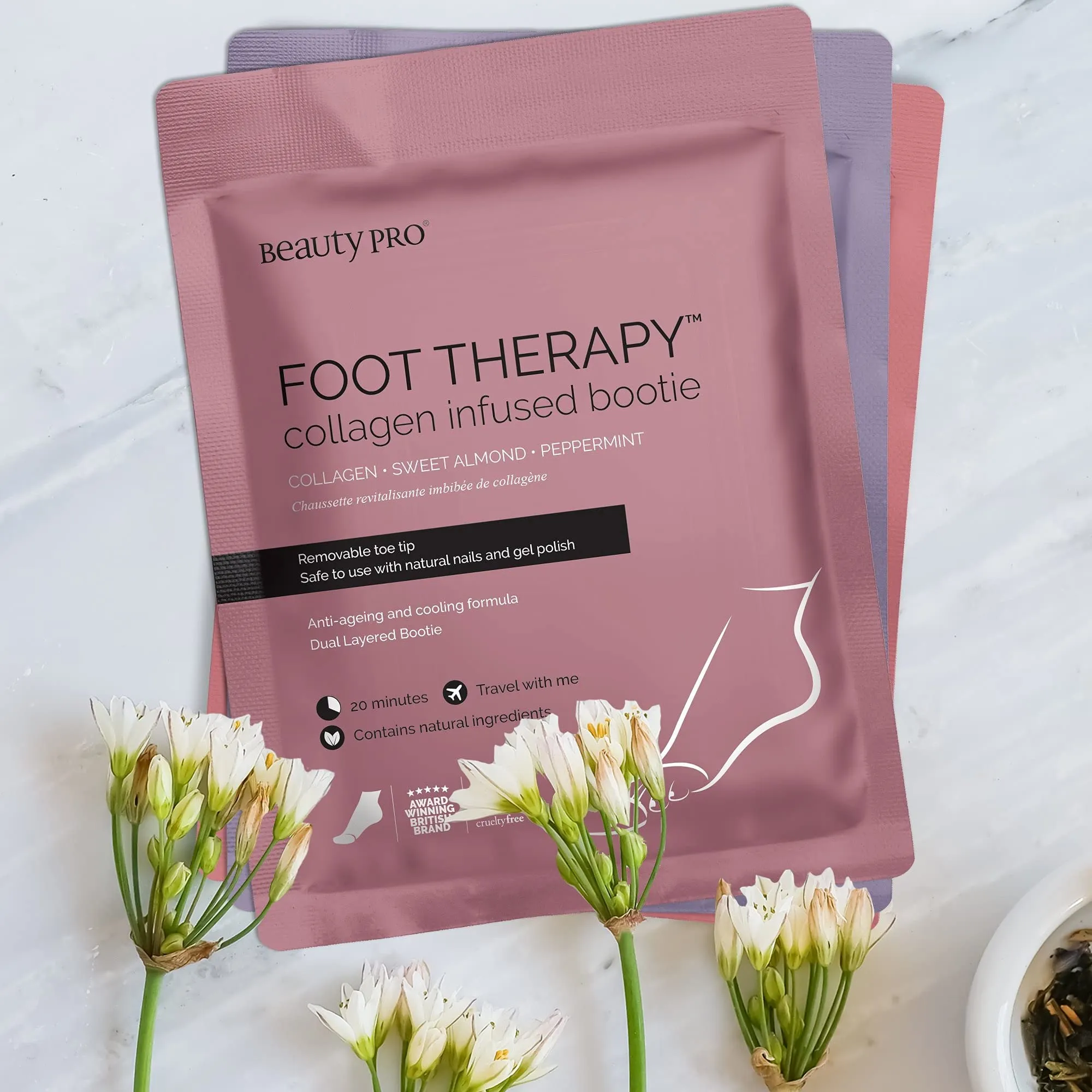 BeautyPro FOOT THERAPY Foot Mask with Collagen, Salicylic Acid (BHA Complex), & Argan Oil | Packed Full of Natural Ingredients | Intensely Moisturising | Bootie with Removable Toe Tip |