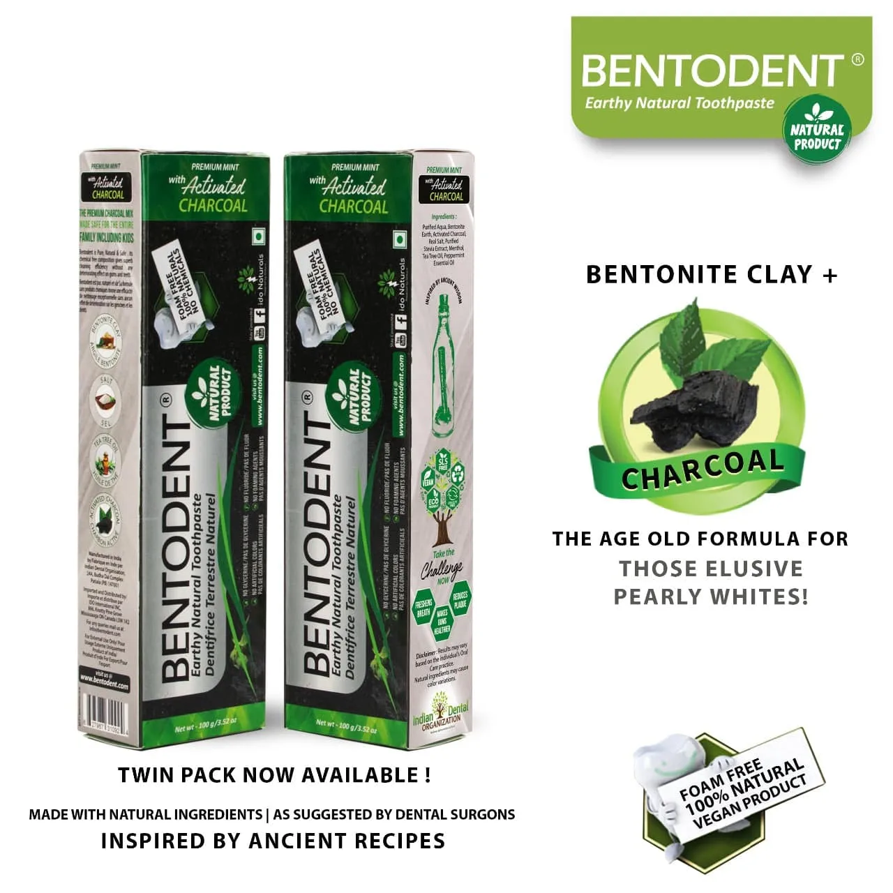 Bentodent Charcoal Toothpaste - Teeth Whitening (Twin Pack) - 100 gm each