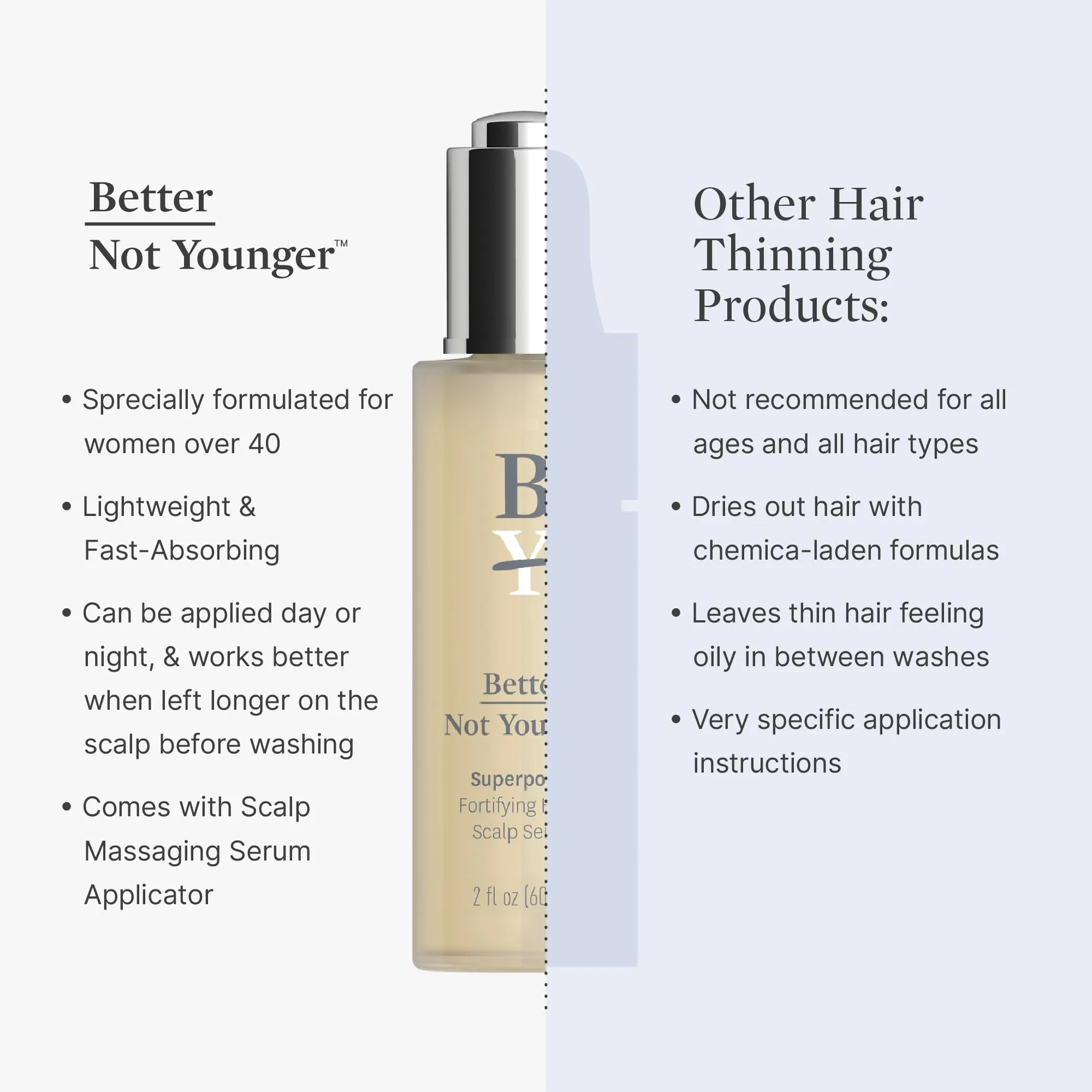 Better Not Younger Superpower Hair & Scalp Duo Set - Fortifying Hair & Scalp Serum 2fl.oz. plus Liquid Comb - Leave-in Hair Serum w/ Scalp Massaging Applicator for Stronger, Thicker, Fuller Hair