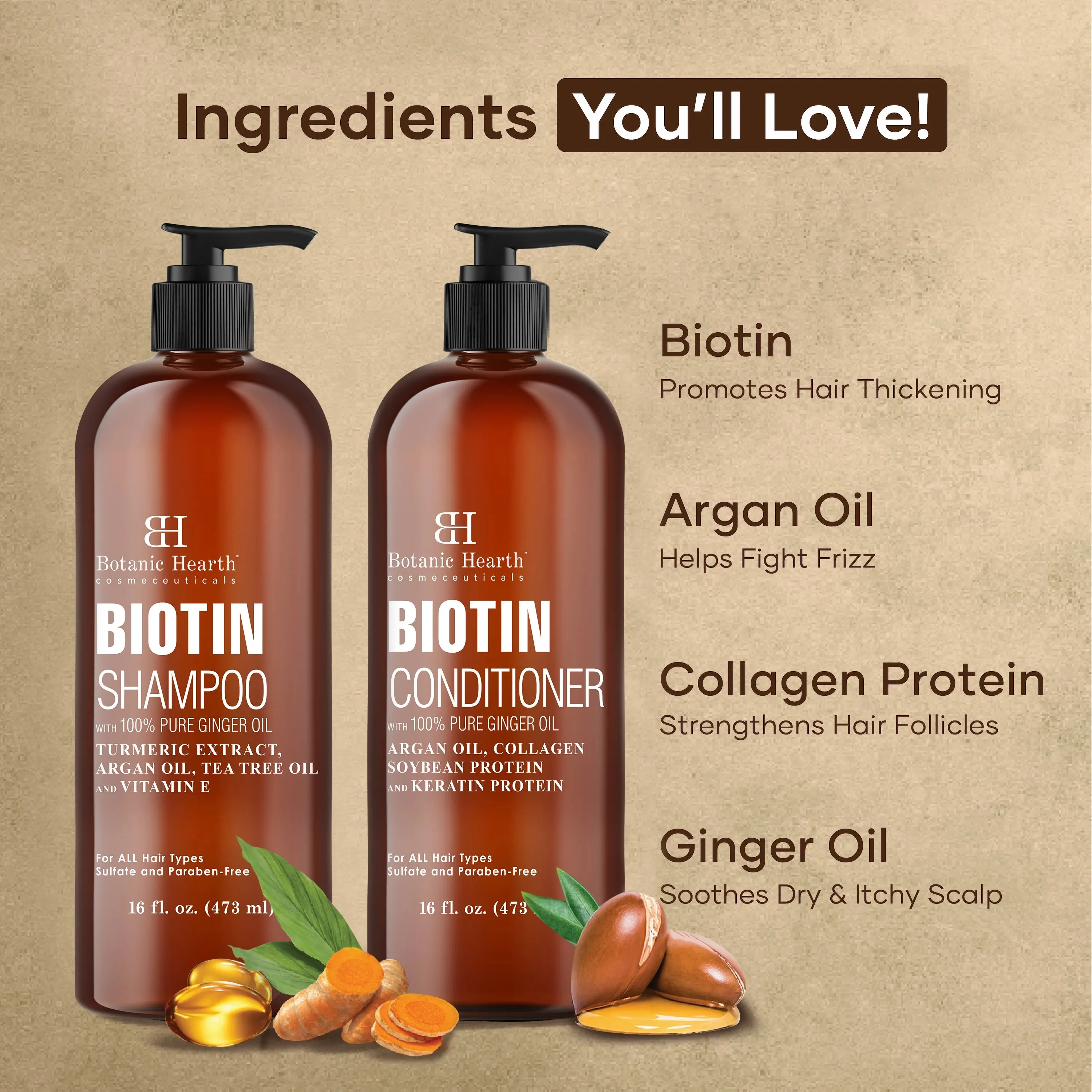 Biotin Shampoo and Conditioner Set  with Ginger Oil & Keratin | 16 fl oz each