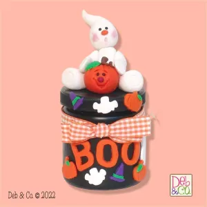 Black Candy Jar with HANDMADE Boo Ghost on Top  POLYMER CLAY Halloween Decor
