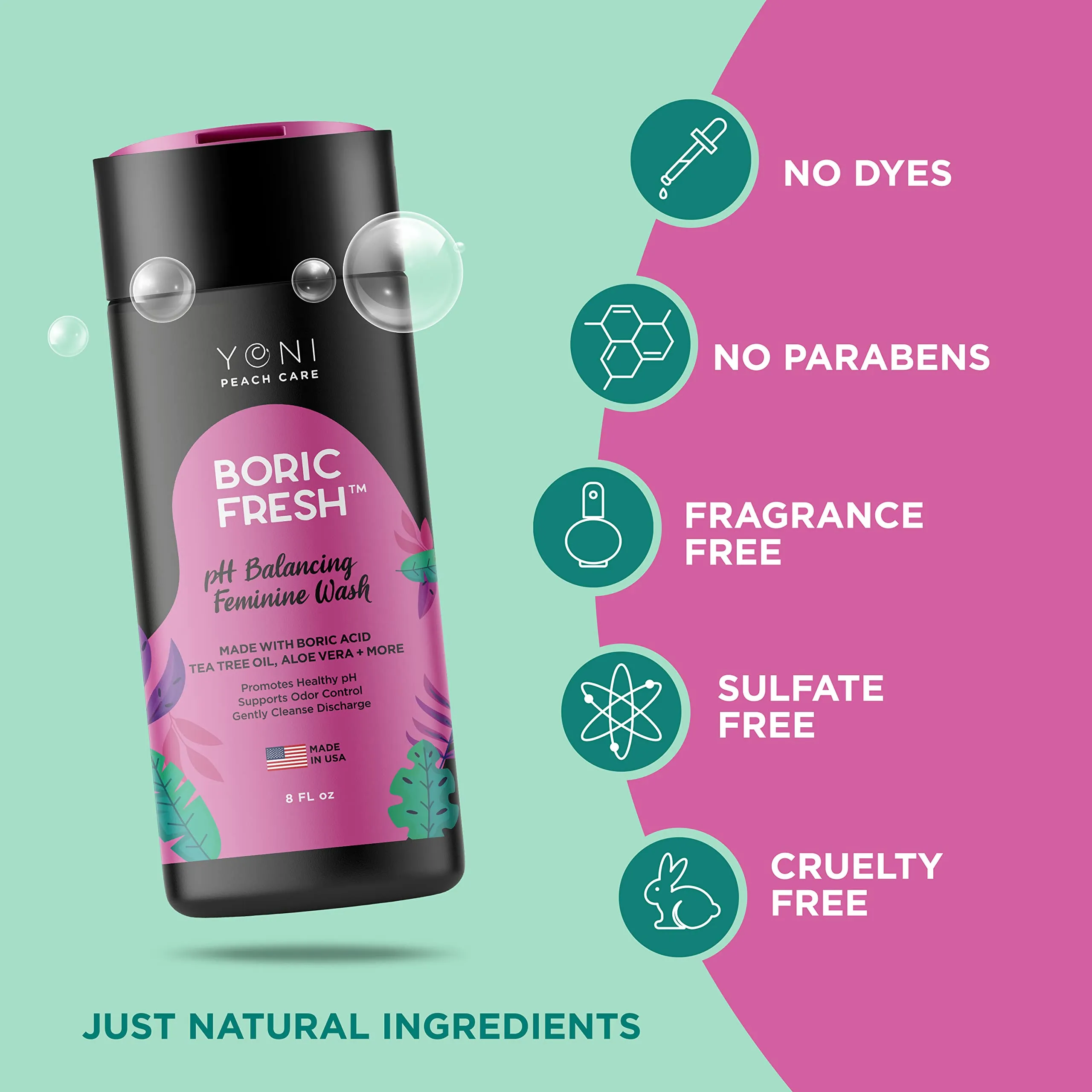 Boric Fresh PH Balancing Daily Feminine Wash with Boric Acid, Tea Tree Oil, Coconut Oil & Essential Oils - Organic Intimate Cleanser for Odor Eliminator, Healthy pH, BV & Intimate Care Unscented 8 Fl Oz (Pack of 1)