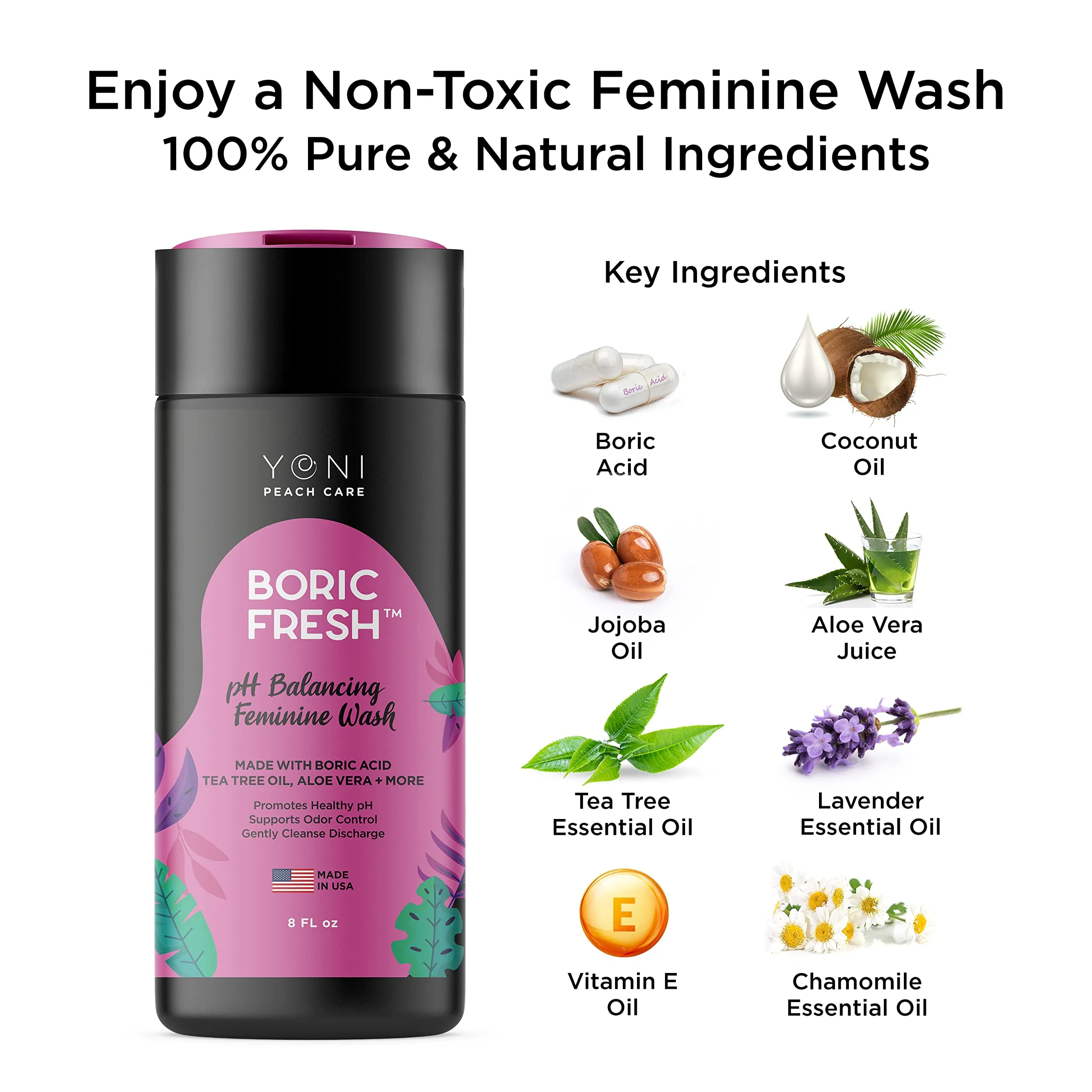 Boric Fresh PH Balancing Daily Feminine Wash with Boric Acid, Tea Tree Oil, Coconut Oil & Essential Oils - Organic Intimate Cleanser for Odor Eliminator, Healthy pH, BV & Intimate Care Unscented 8 Fl Oz (Pack of 1)