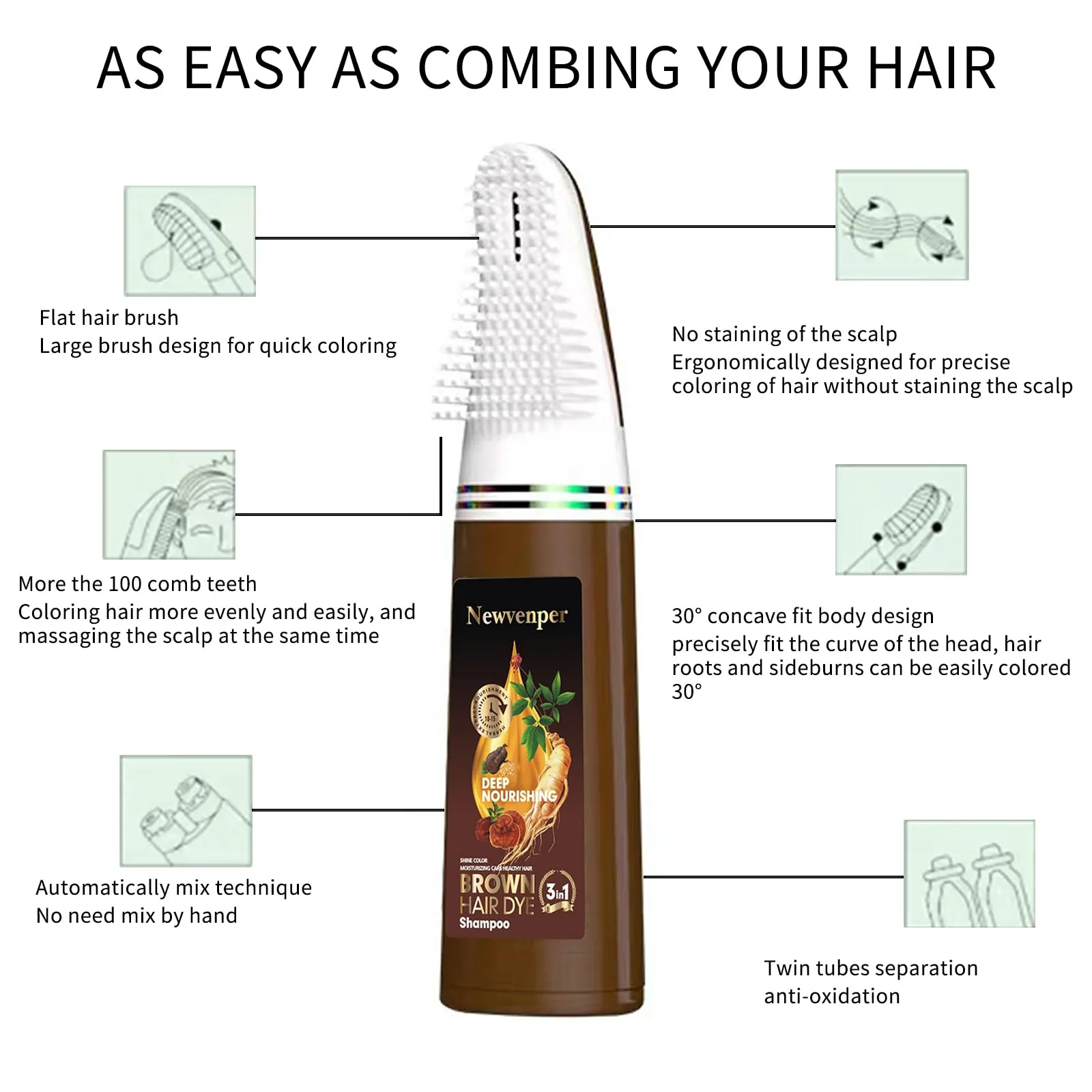 Brown Hair comb Dye Shampoo For Gray Hair and Beard Coverage,Instant Dye and Long-lasting Hair Color Shampoo in Minutes Travelling Outfit,For Women Men Easy Comb Dyeing 200ML