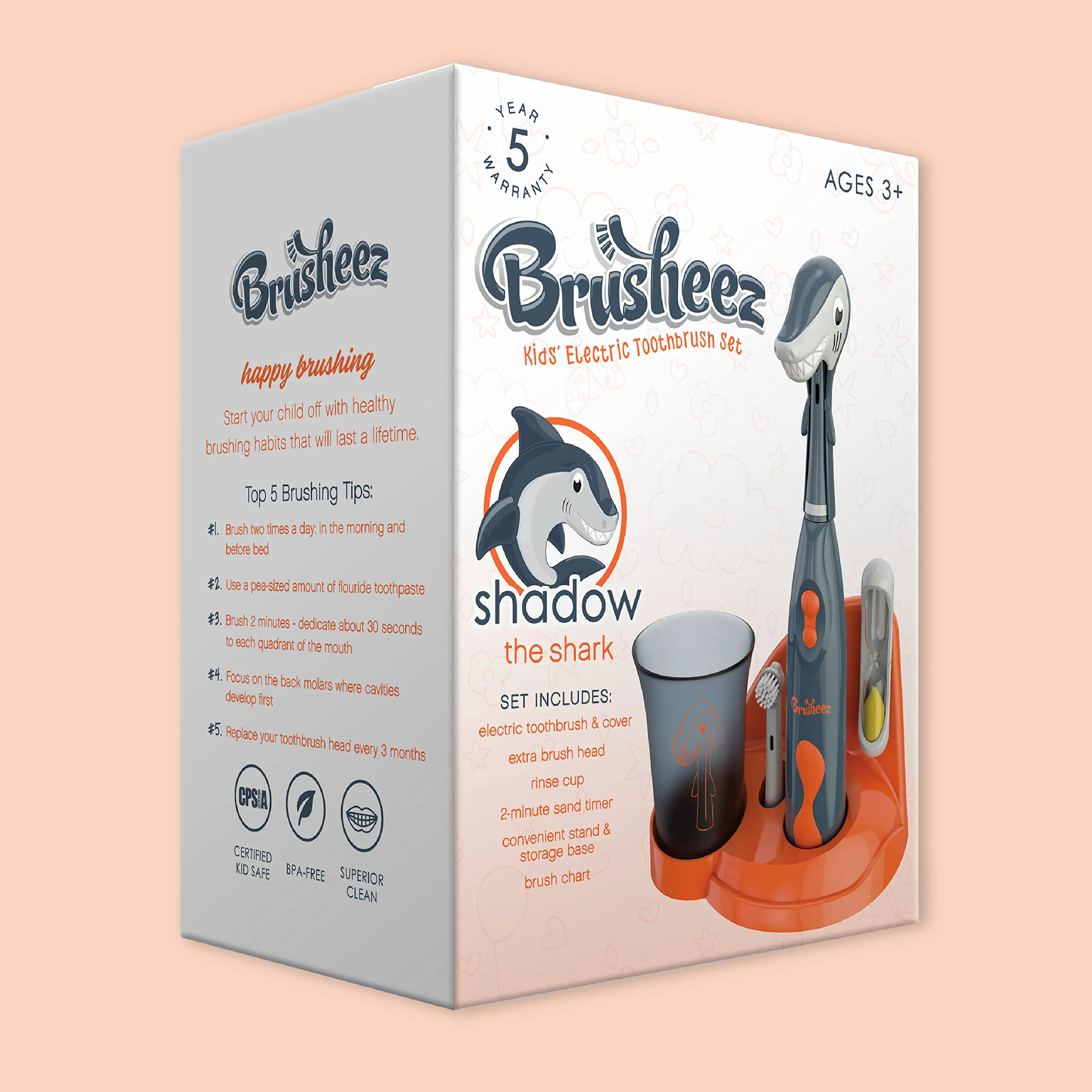 Brusheez Kids’ Electric Toothbrush Set - Safe & Effective for Ages 3  - Parent Tested & Approved with Gentle Bristles, 2 Brush Heads, Rinse Cup, 2-Minute Timer, & Storage Base (Shadow The Shark)