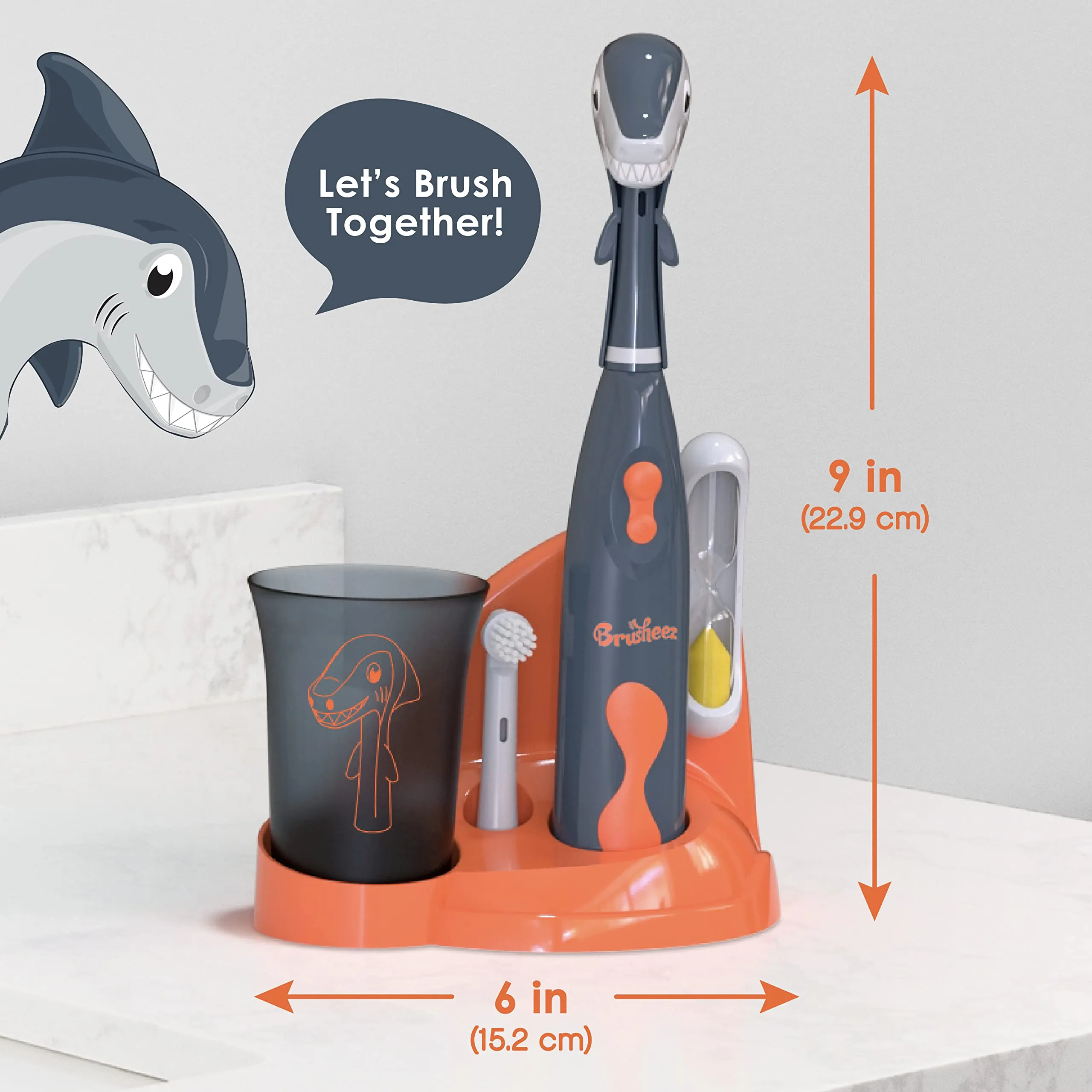 Brusheez Kids’ Electric Toothbrush Set - Safe & Effective for Ages 3  - Parent Tested & Approved with Gentle Bristles, 2 Brush Heads, Rinse Cup, 2-Minute Timer, & Storage Base (Shadow The Shark)