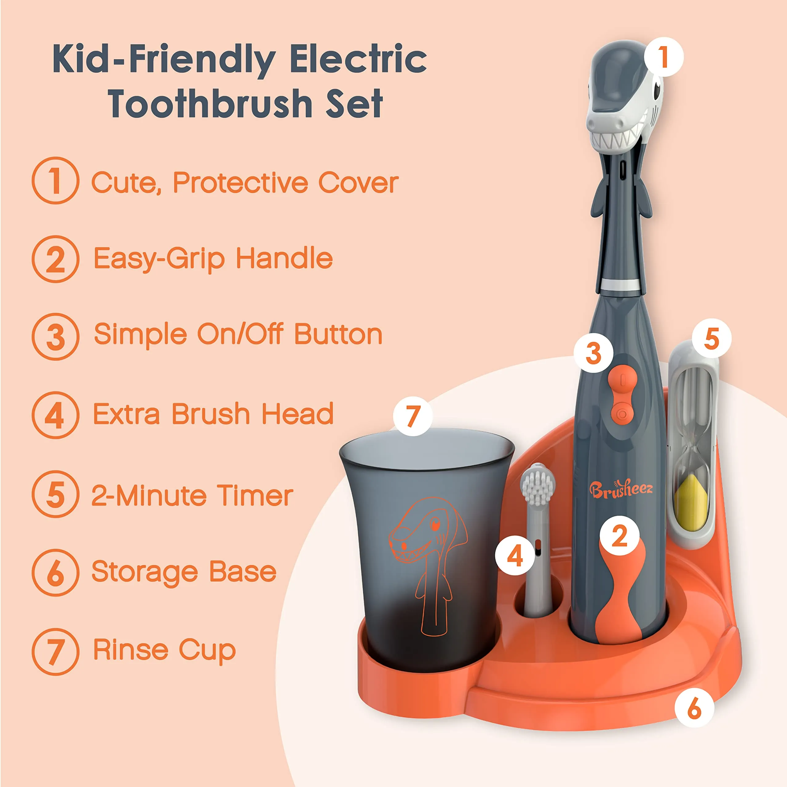 Brusheez Kids’ Electric Toothbrush Set - Safe & Effective for Ages 3  - Parent Tested & Approved with Gentle Bristles, 2 Brush Heads, Rinse Cup, 2-Minute Timer, & Storage Base (Shadow The Shark)