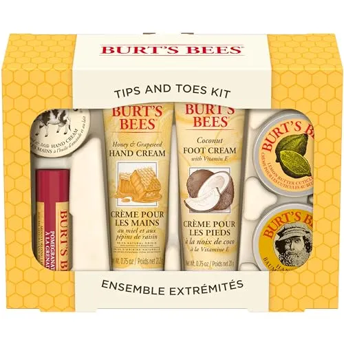 Burt's Bees Gifts Ideas - Tips and Toes Set, 6 Travel Size Products in Gift Box - 2 Hand Creams, Foot Cream, Cuticle Cream, Hand Salve and Lip Balm