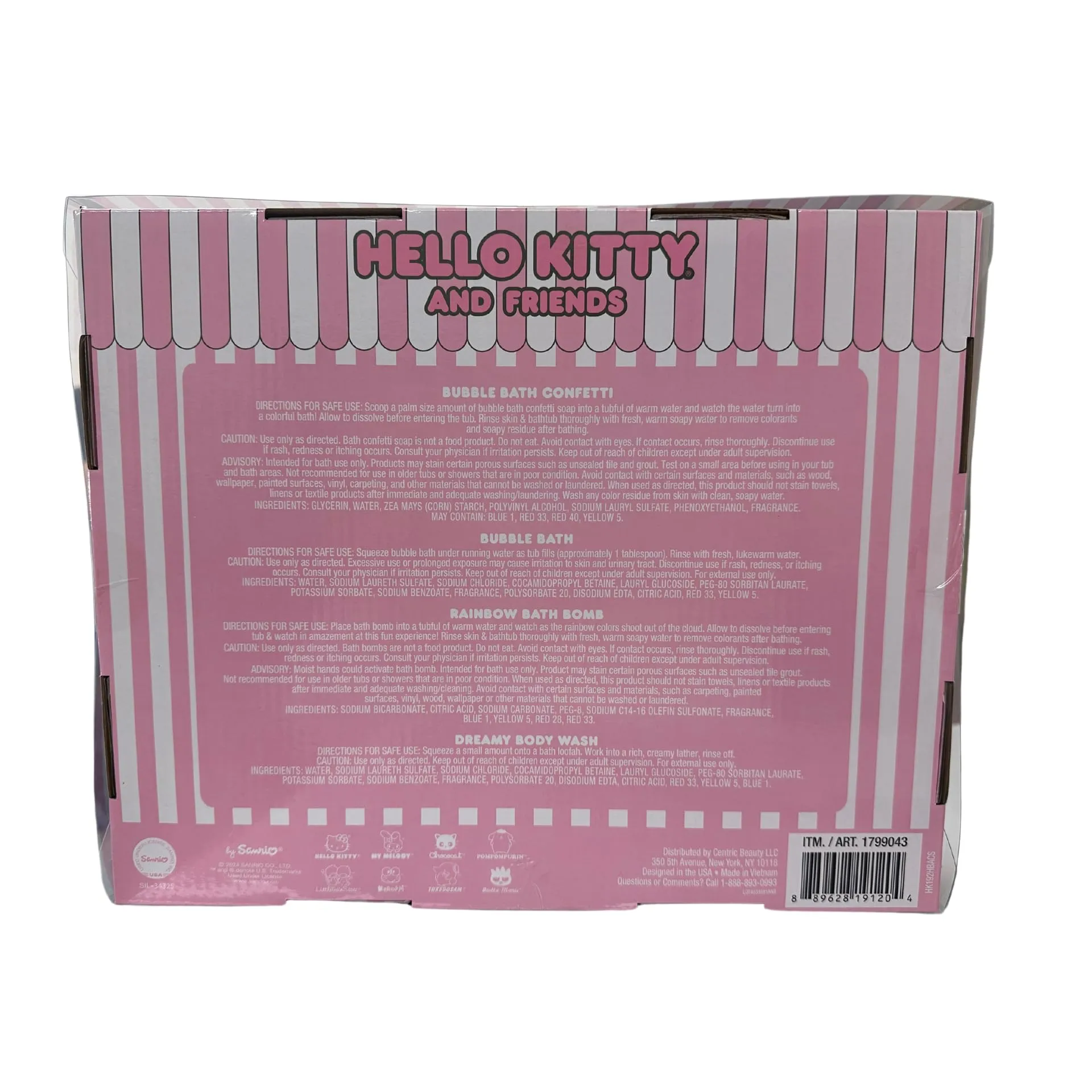 Centric Beauty Hello Kitty and Friends Cozy Time Bath Set, Includes Spa Head Band, Bubble Bath Confetti (30g), Rainbow Bath Bomb, Rainbow Bath Sponge, Dreamy Body Wash (100mL), & Bubble Bath (236mL)