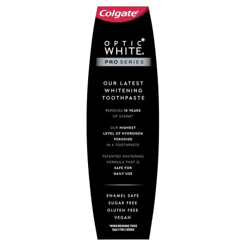 Colgate Optic White Pro Series Whitening Toothpaste with 5% Hydrogen Peroxide, Stain Prevention, 3 oz Tube, 2 Pack