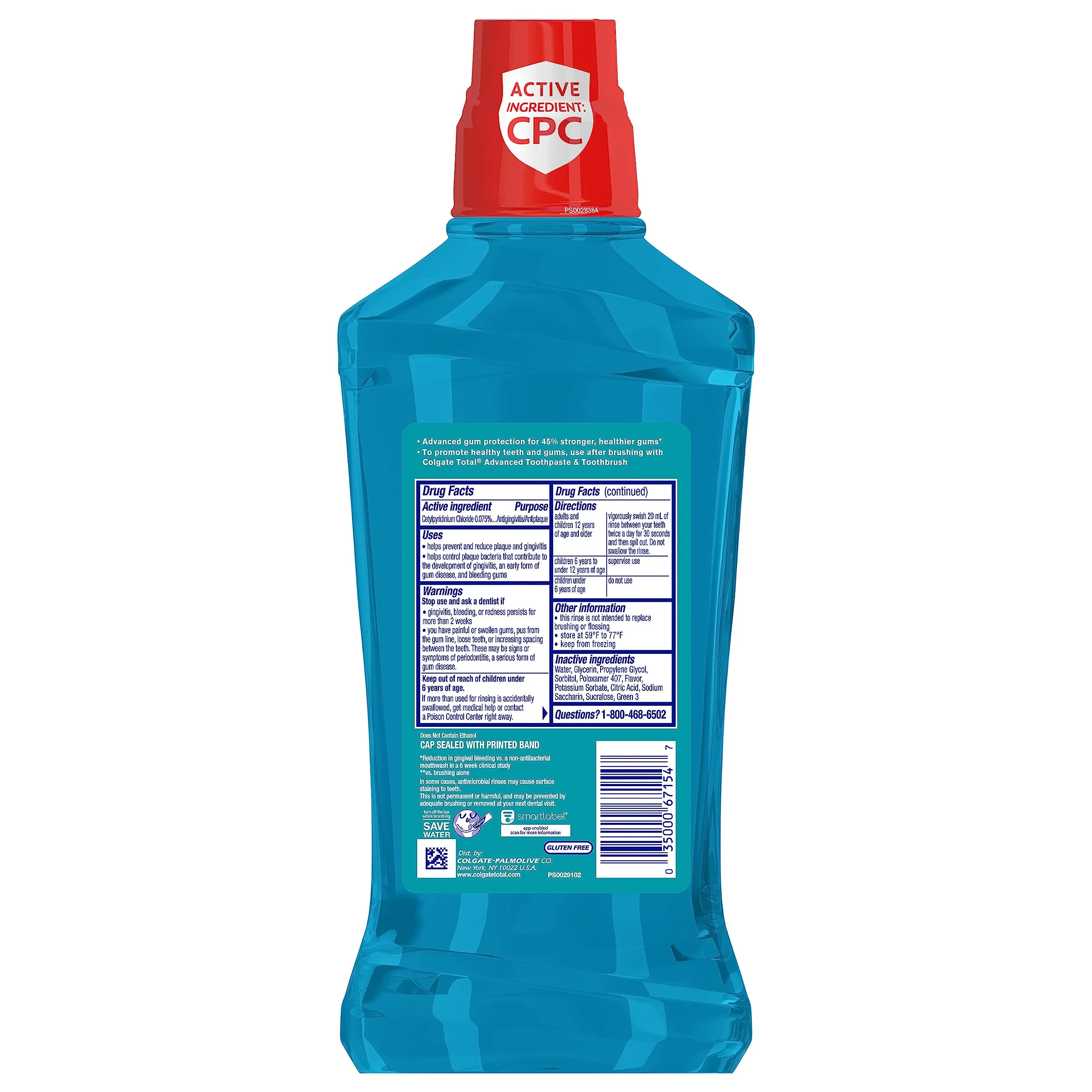 Colgate Total Gum Health Alcohol Free Mouthwash, Antibacterial Formula, Helps Prevent Gingivitis Gum Disease, Clean Mint - 1L, 33.8 fluid ounce, 6 Pack