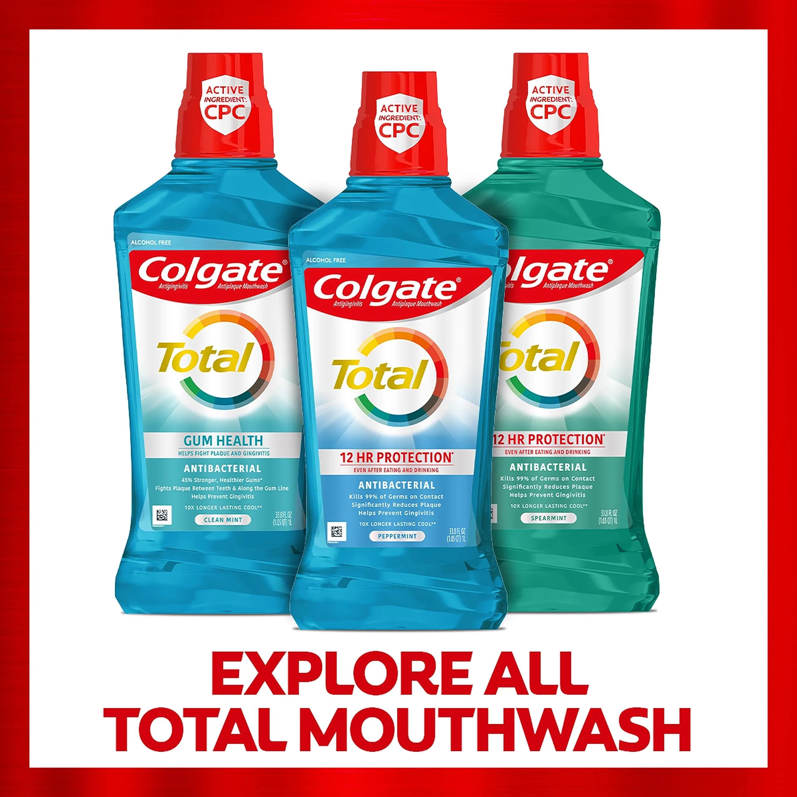 Colgate Total Gum Health Alcohol Free Mouthwash, Antibacterial Formula, Helps Prevent Gingivitis Gum Disease, Clean Mint - 1L, 33.8 fluid ounce, 6 Pack