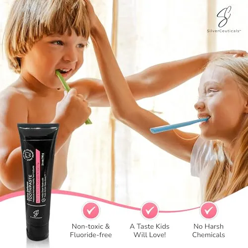 Colloidal Silver Toothpaste w/Coral Calcium & Xylitol - Bubble Berry - Remineralize Tooth Enamel - SLS & Fluoride Free Cavity Protection - Gum Health - Bad Breathe - Gingivitis - Mild Flavor - 3.4oz