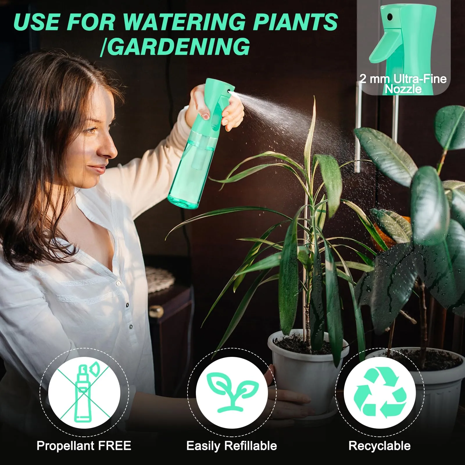 Continuous Spray Bottle for Hair (10.1oz/300ml) 2 Pack Green Transparen Home Essentials Spray Bottles Empty Ultra Fine Water Mister Spray Bottles For Cleaning, Hairstyling Plants Curly Hair Etc