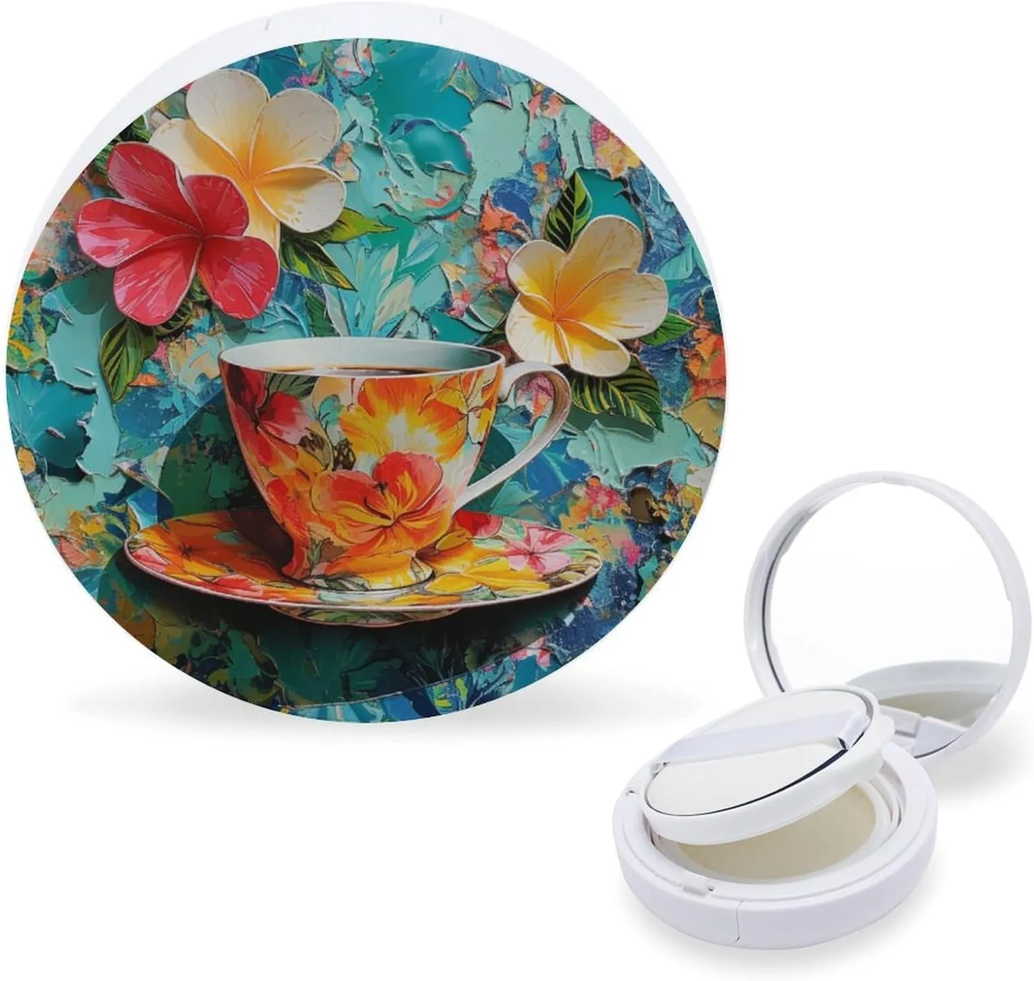 Cup of Coffee Air Cushion Puff Box Portable Cosmetic Makeup Case Container,colorful Kitsch Shiny Loose Powder Foundation Container Suitable for BB Cream