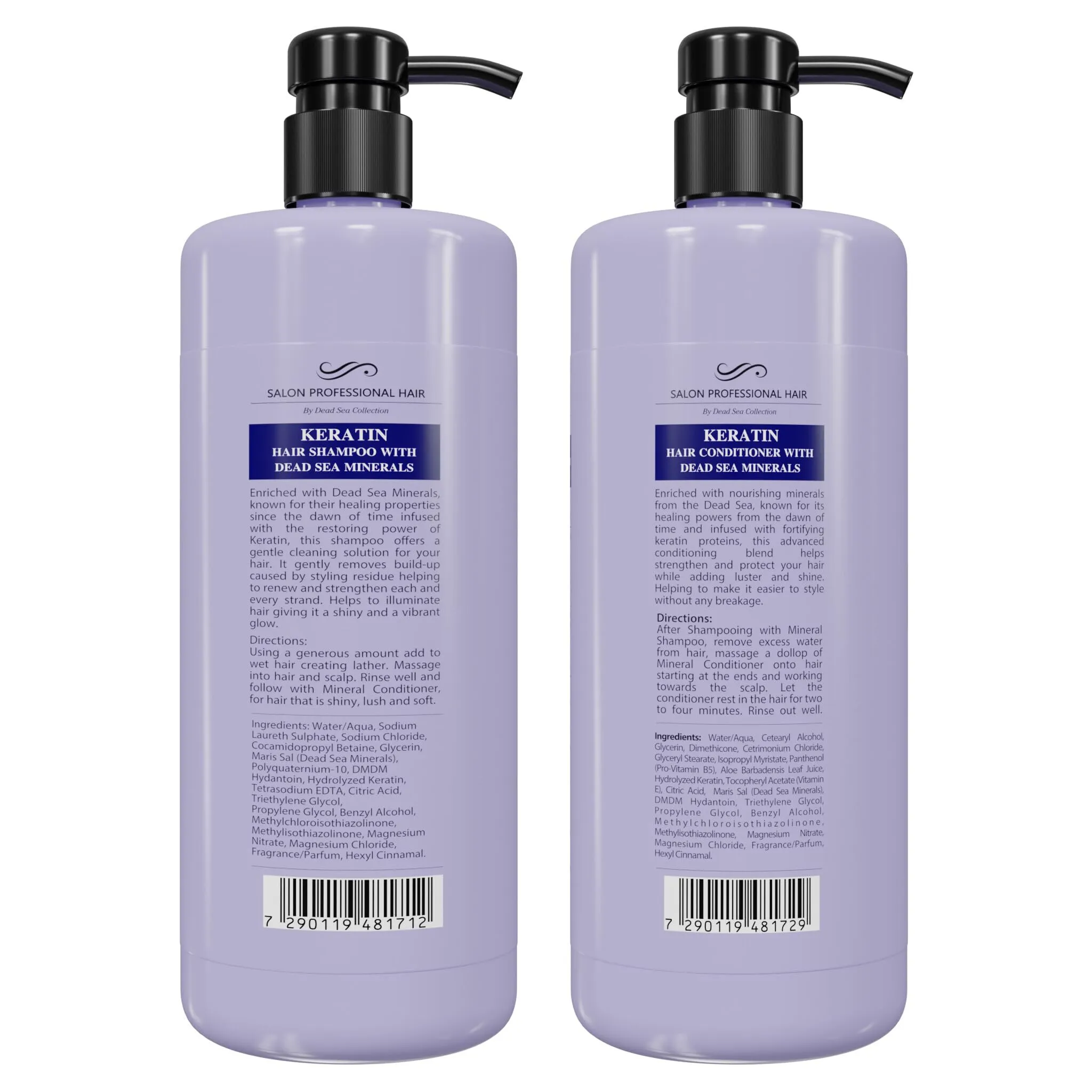Dead Sea Collection Shampoo and Conditioner Set for Strengthening and Volume - Pure Dead Sea Minerals and Keratin – Nutrition, Repair and Shine - Pack of 2 (33.8 & 30.6 Fl. Oz)