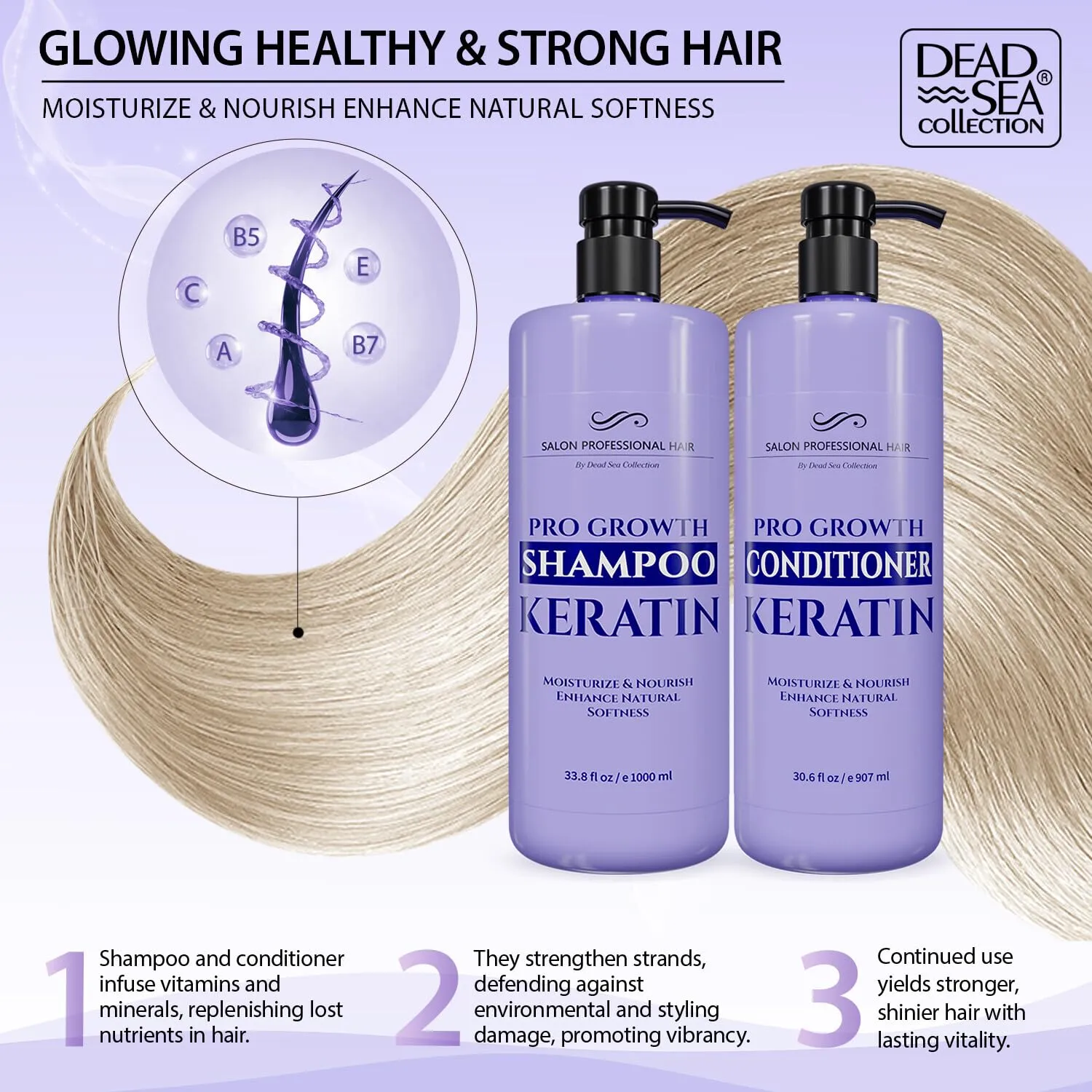 Dead Sea Collection Shampoo and Conditioner Set for Strengthening and Volume - Pure Dead Sea Minerals and Keratin – Nutrition, Repair and Shine - Pack of 2 (33.8 & 30.6 Fl. Oz)