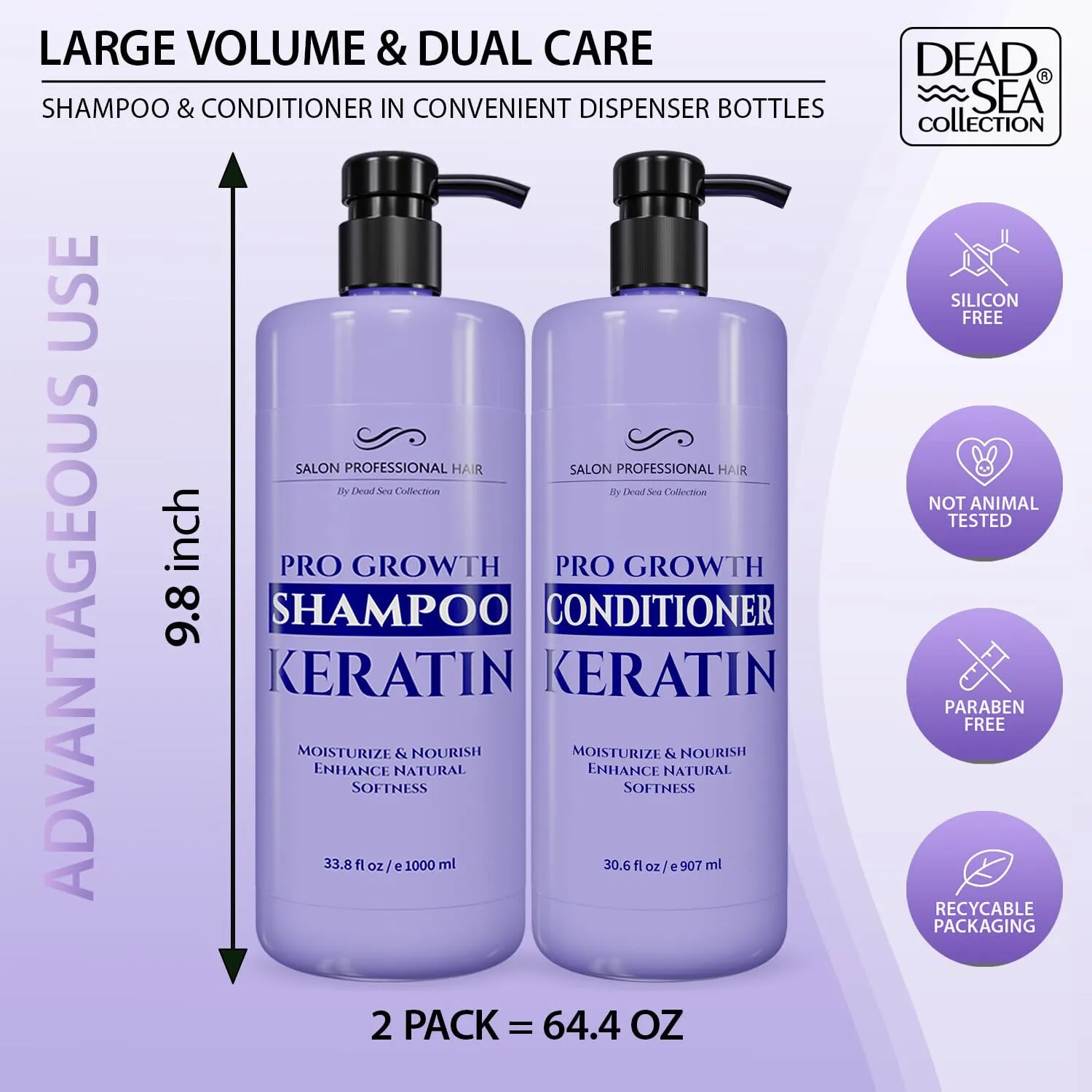 Dead Sea Collection Shampoo and Conditioner Set for Strengthening and Volume - Pure Dead Sea Minerals and Keratin – Nutrition, Repair and Shine - Pack of 2 (33.8 & 30.6 Fl. Oz)