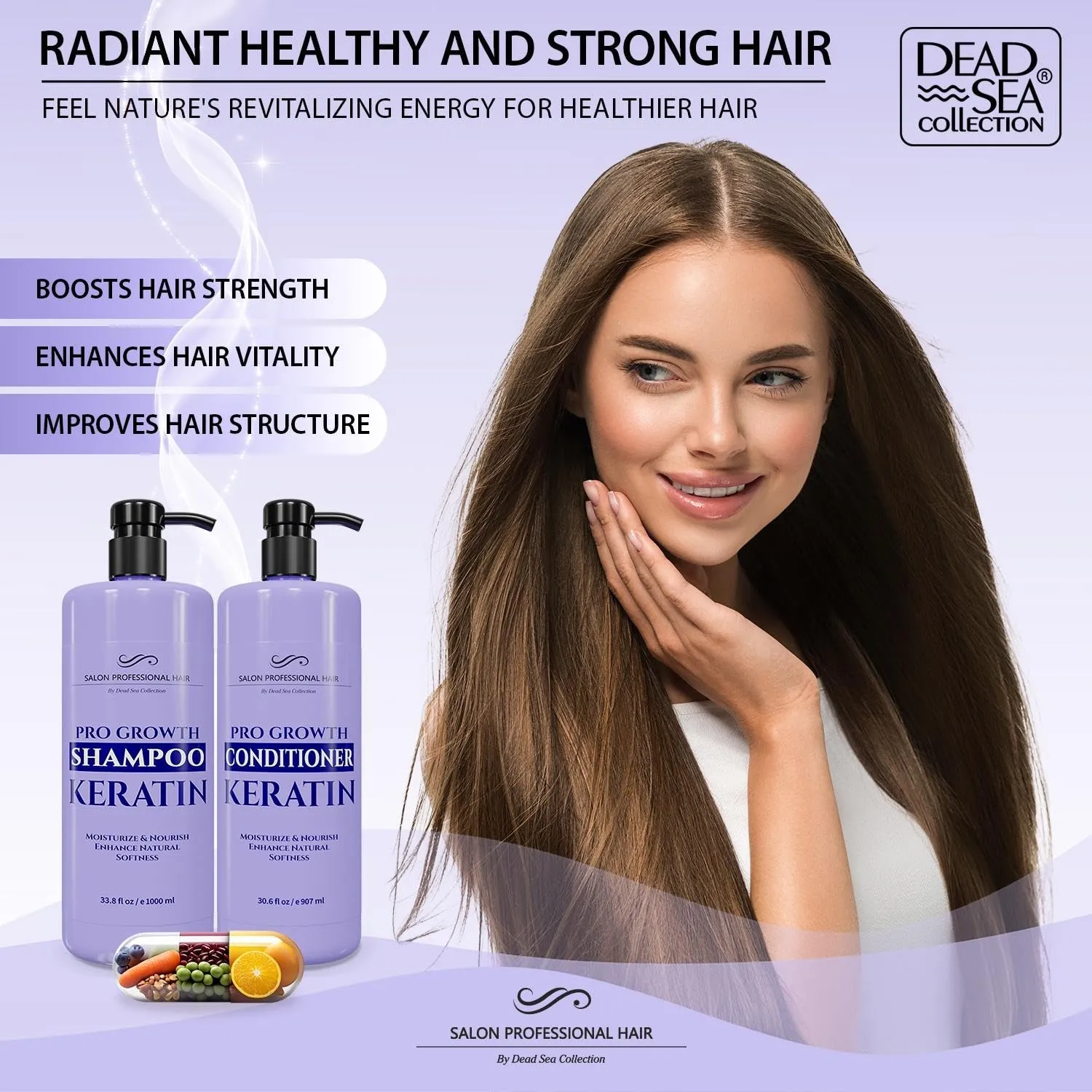 Dead Sea Collection Shampoo and Conditioner Set for Strengthening and Volume - Pure Dead Sea Minerals and Keratin – Nutrition, Repair and Shine - Pack of 2 (33.8 & 30.6 Fl. Oz)