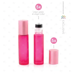 Deluxe Frosted 10ml Pink Roller Bottles with Pink Metallic Caps & Premium Rollers (5 pack)