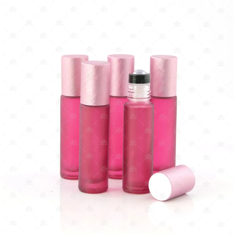 Deluxe Frosted 10ml Pink Roller Bottles with Pink Metallic Caps & Premium Rollers (5 pack)