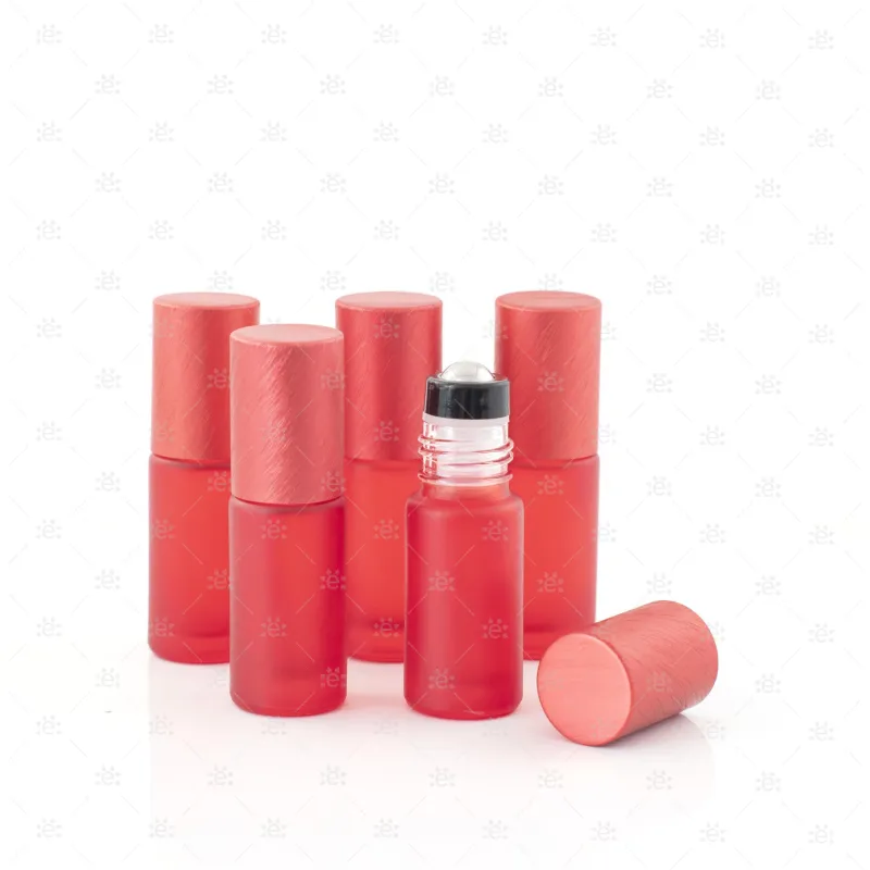 Deluxe Frosted 5ml Red Roller Bottles with Red Metallic Caps & Premium Roller (5 pack)