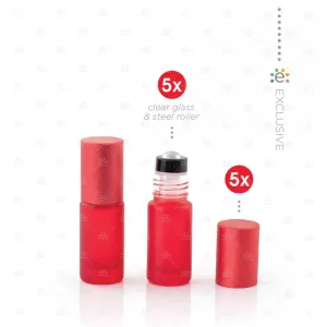 Deluxe Frosted 5ml Red Roller Bottles with Red Metallic Caps & Premium Roller (5 pack)