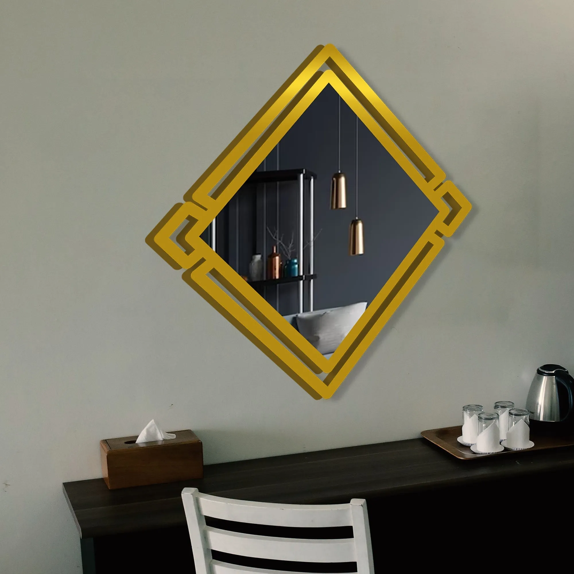 Designer Geometrical Squre Shape Golden Finish Wooden Vanity Mirror