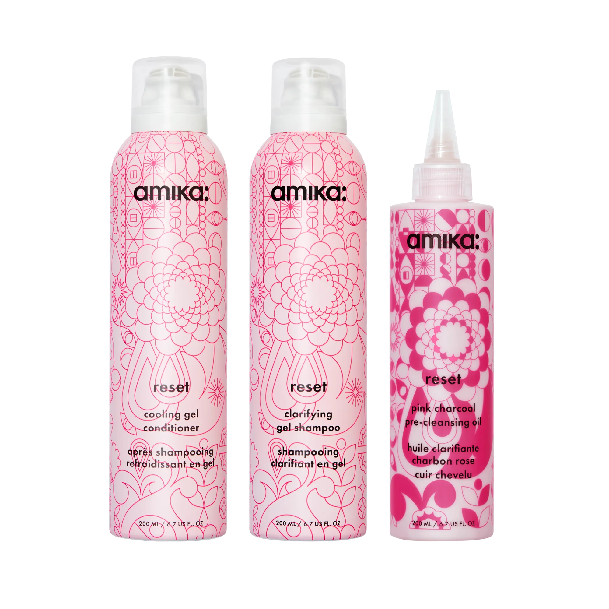 detox set | reset clarifying gel shampoo, cooling gel conditioner   pink charcoal scalp cleansing oil