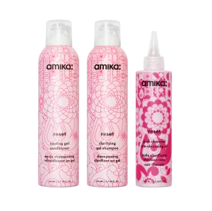 detox set | reset clarifying gel shampoo, cooling gel conditioner   pink charcoal scalp cleansing oil