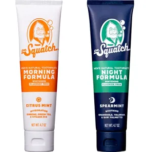 Dr. Squatch Teeth Whitening Toothpaste Kit - Day and Night Flouride Free Natural Toothpaste (1 Citrus Mint   1 Sooth Spearmint Tooth Paste) 4.7 oz Tubes