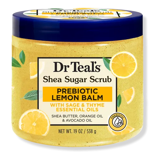 DR TEALS shea suger scrub prebiotic lemon balm with sage & thyhe essencoal oils مقشر الجسم بالليمون من دكتر تيلز