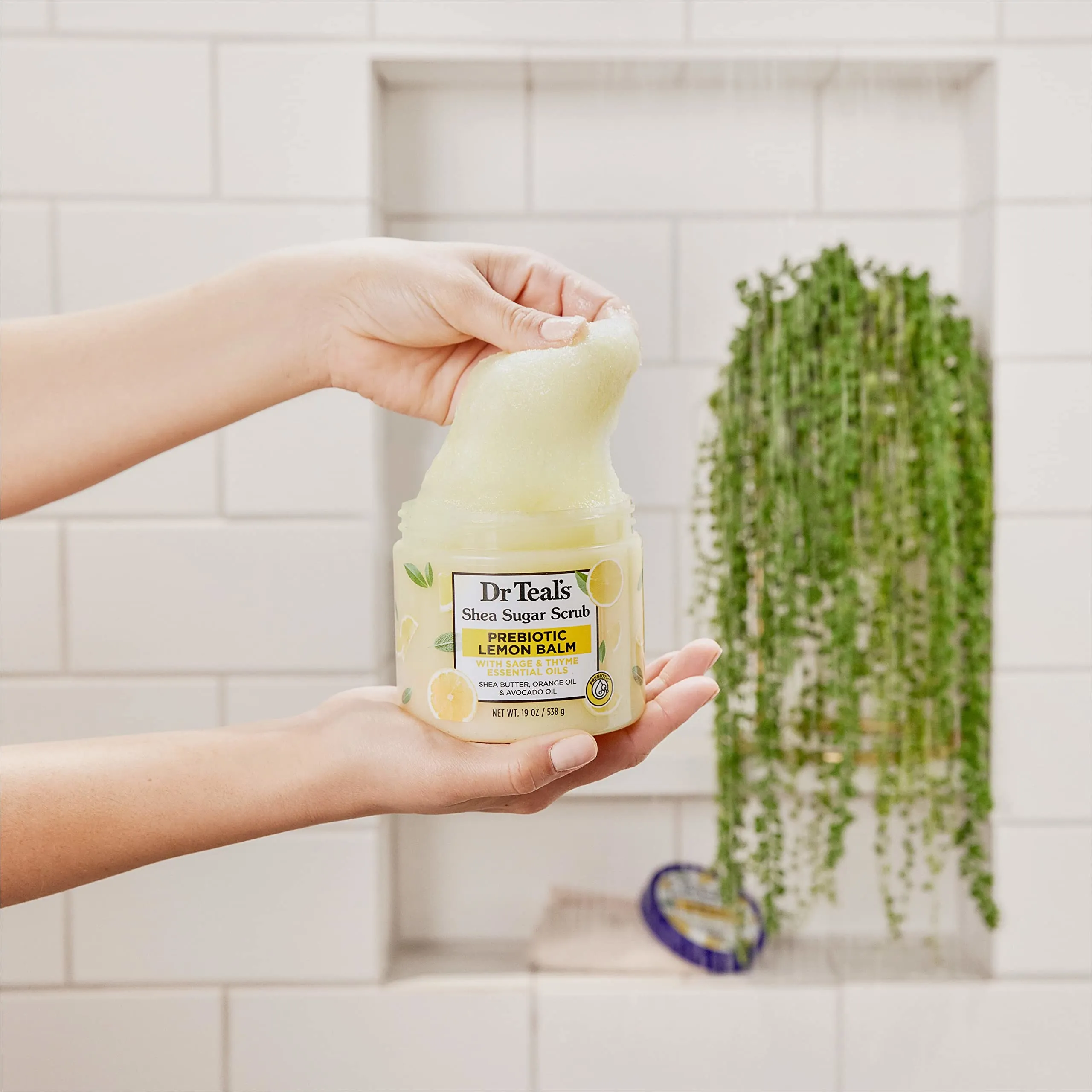 DR TEALS shea suger scrub prebiotic lemon balm with sage & thyhe essencoal oils مقشر الجسم بالليمون من دكتر تيلز