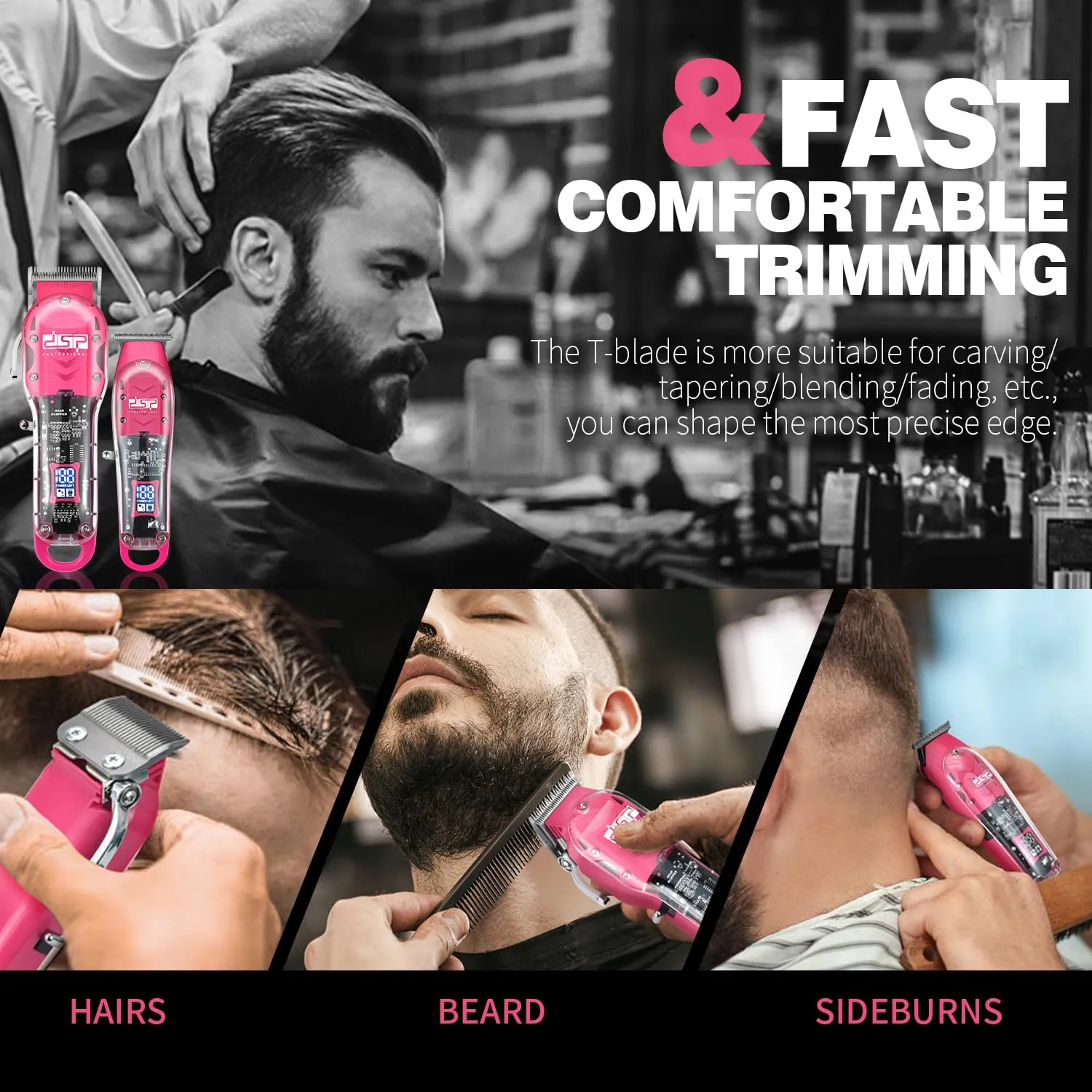 DSP® Hair Clipper, Trimmer Kit for Men Professional Barber Set for Hair and Beard Cutting Zero Gap Beard Trimmer, with LED Display (Pink)