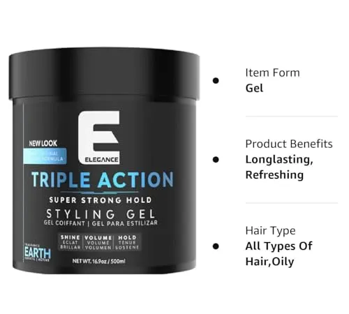 E Elegance Earth Fragrance Triple Action Hair Gel for Men And Women - Super Strong Hold, Extreme Volume, And Long Lasting Shine - Flake Free And Refreshing Fragrance - All Hair Types, 16.9 oz
